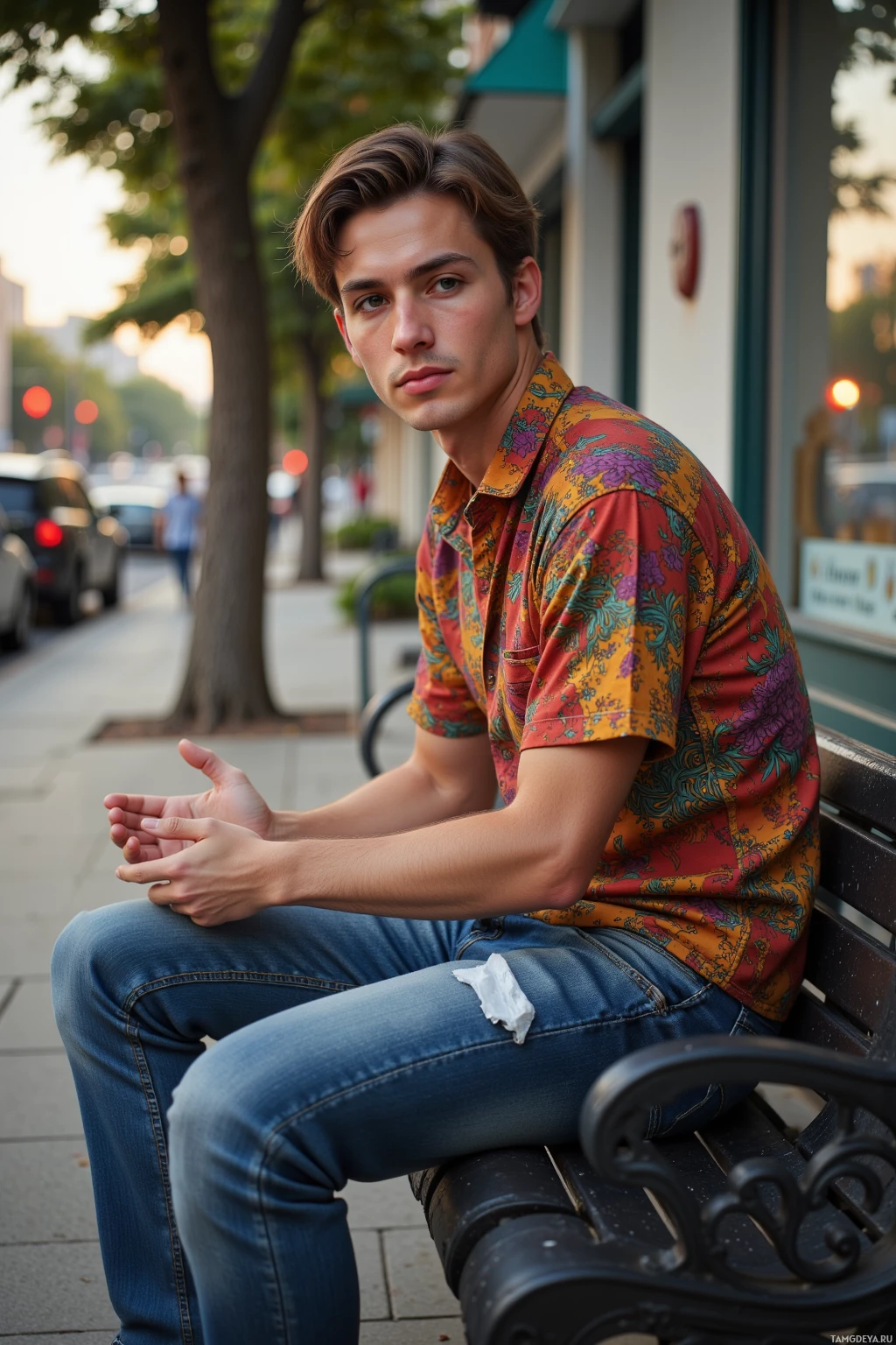 A person wearing a colorful floral shirt and jeans sits on a bench in an urban setting during sunset.