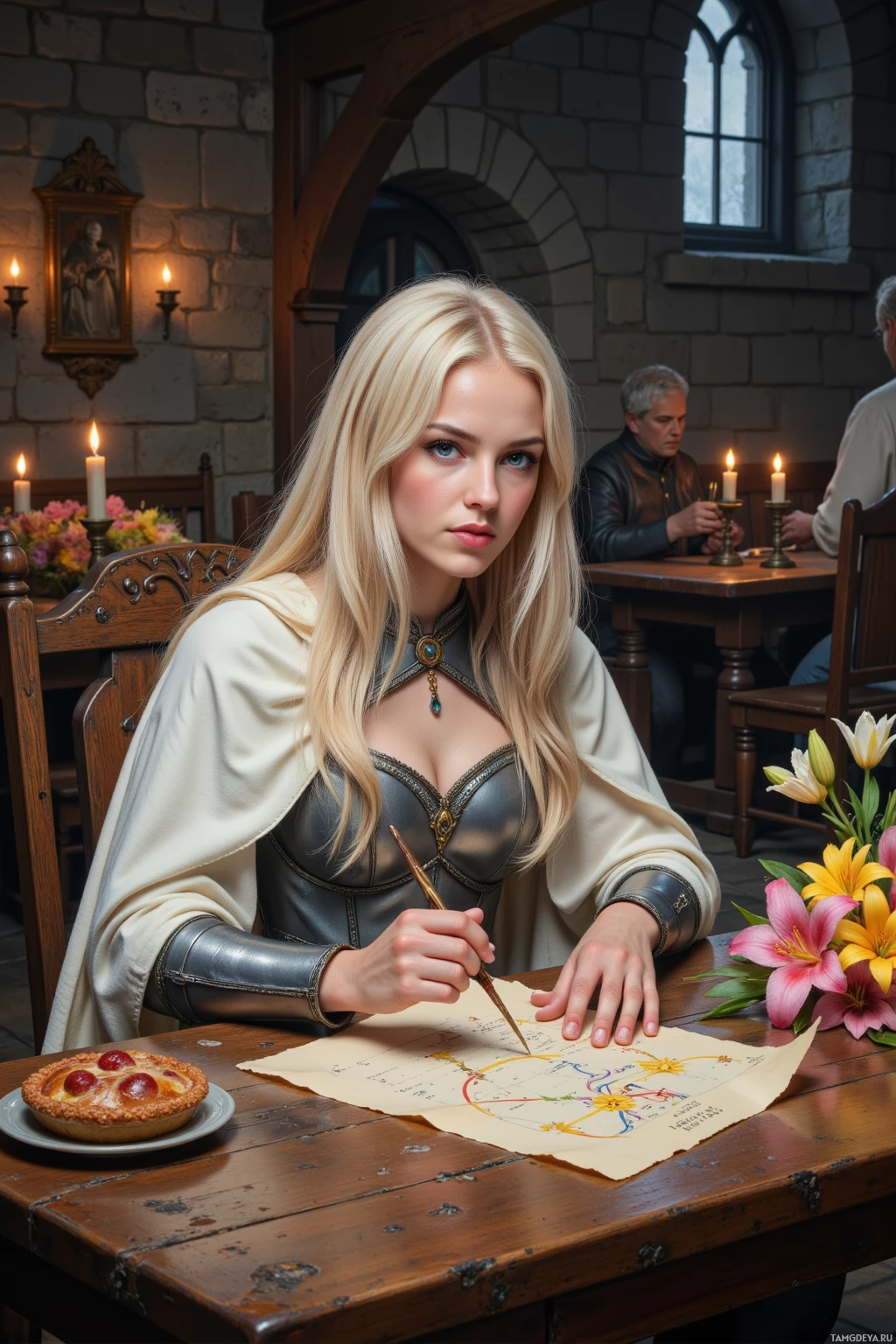 Realistic high quality photo. A platinum‑blonde woman, 25, with bright blue eyes, in lightweight silver‑trimmed armor and a flowing white cloak over one shoulder stands at a wooden table in a dimly lit stone tavern inside a keep, polishing an enchanted quill while studying parchment of guard patrol routes; a goblin lurks nearby holding a pie, a bard sits to the side with a lute, and a bouquet of glowing enchanted lilies rests beside her.