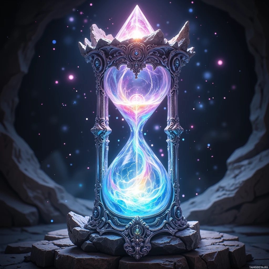 Semi-abstract image with many light, that is suitable for the post:  Translucent hourglass‑shaped crystal prism carved from clear quartz, filled with swirling iridescent light threads like starlight, etched with ancient glyphs; its surface features delicate silver filigree intertwined with raw black obsidian, emitting a soft hum and projecting vibrant color maps of lost realms.