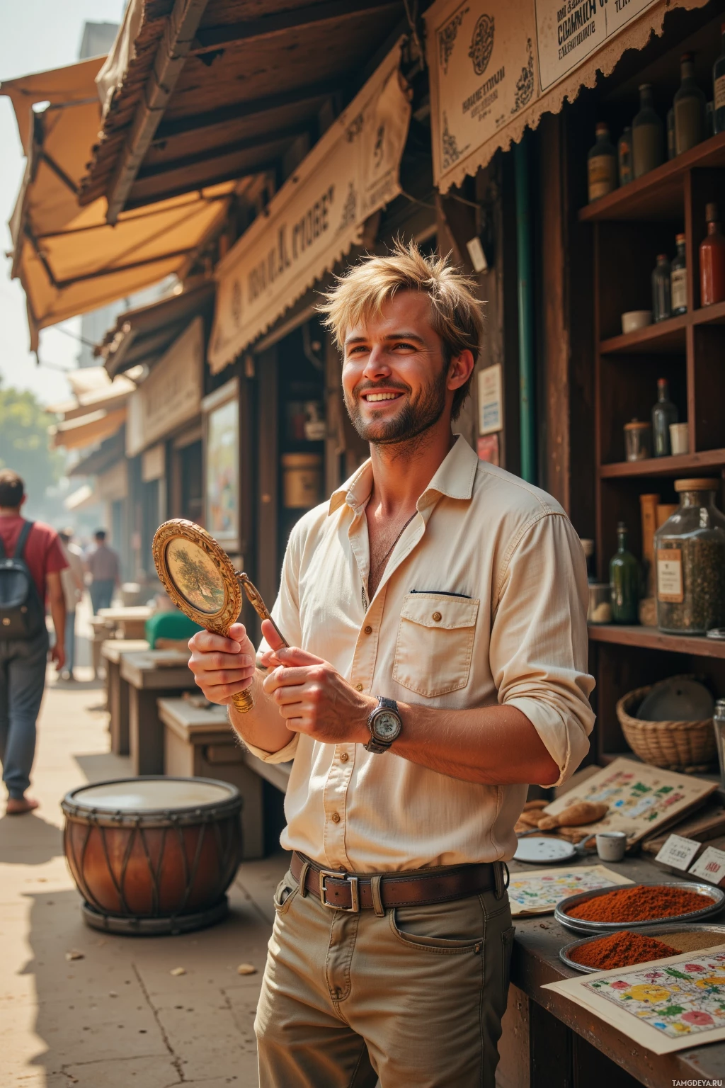 Realistic high quality photo. A 29‑year‑old man with tousled blonde hair, fair skin, bright blue eyes, wearing khaki pants and a light unbuttoned shirt, laughing at a street drummer while holding a tiny carved mirror in a dusty market stall lined with cumin and mint, a vendor printing a hometown map on paper, as sunlight filters through wooden stalls.