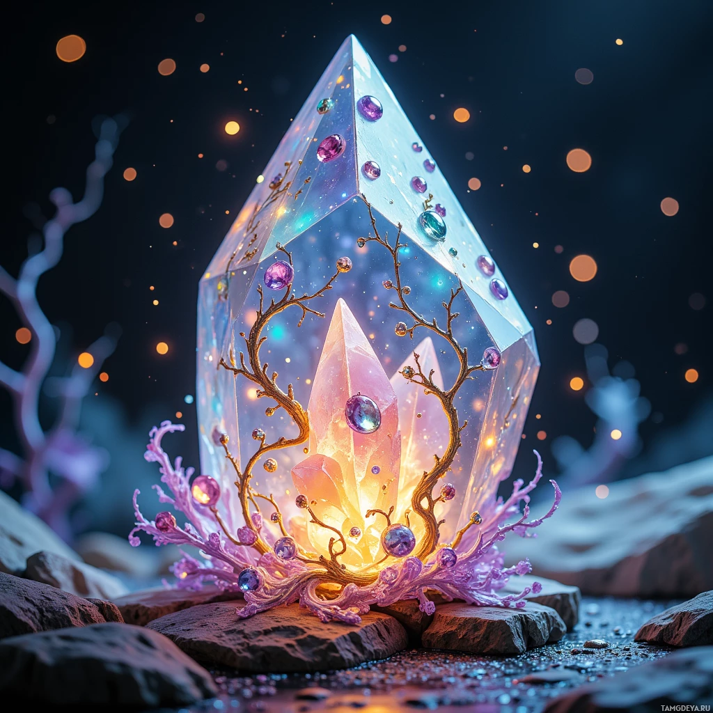 Semi-abstract image with many light, that is suitable for the post:  Tiny translucent crystal prism, etched with intricate swirling vines and adorned with glittering tiny gemstones that shine like fireflies, humming softly while emitting gentle pastel ribbon-like glows when touched.