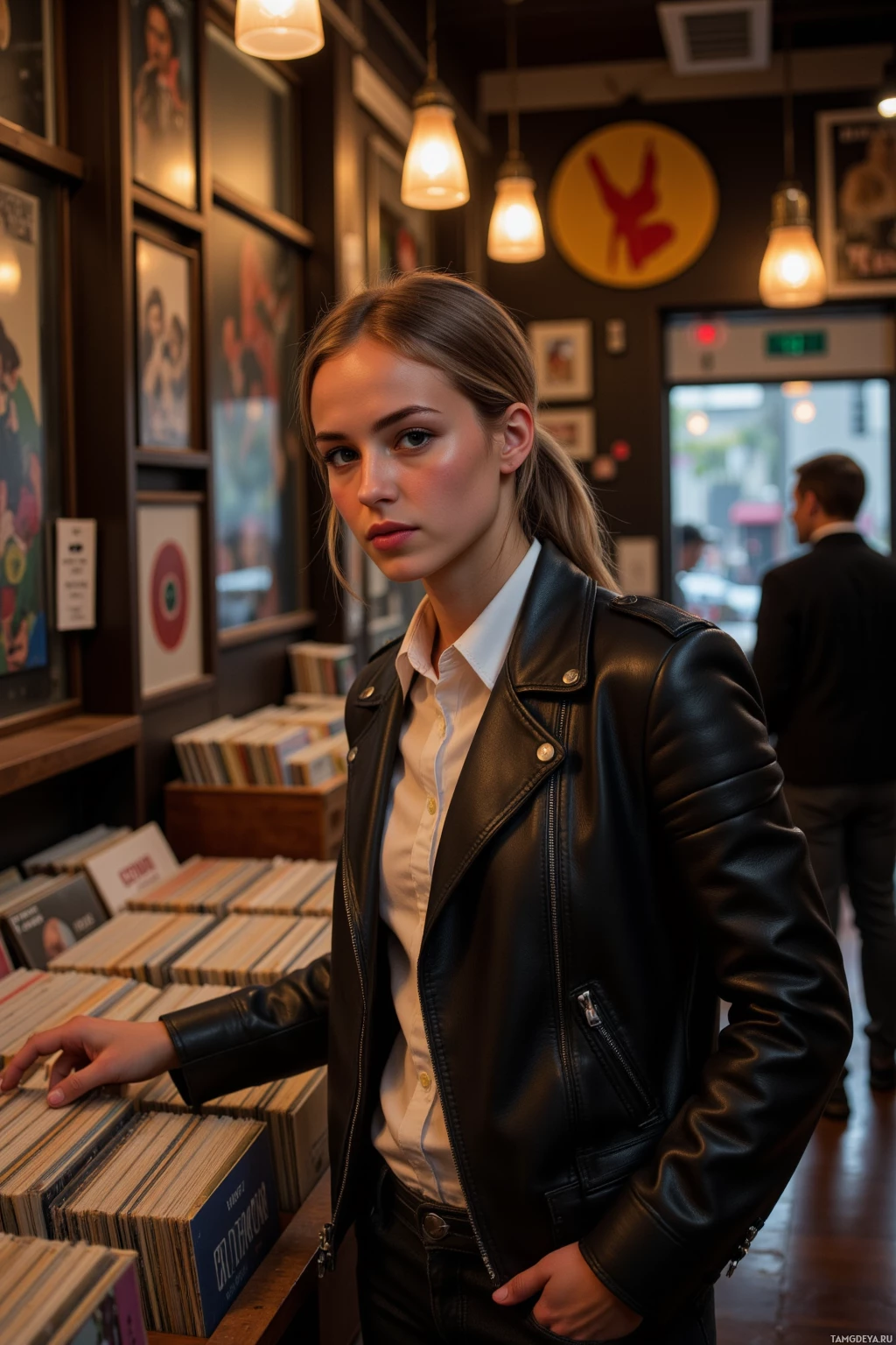 Realistic high quality photo. Inside a dimly lit vintage vinyl shop at midnight, a 26‑year‑old woman with smoky grey hair in a low ponytail and piercing dark brown eyes stands beside a stack of records, wearing a fitted black leather jacket over a crisp white shirt and dark jeans, her relaxed yet introspective posture bathed in warm amber glow.