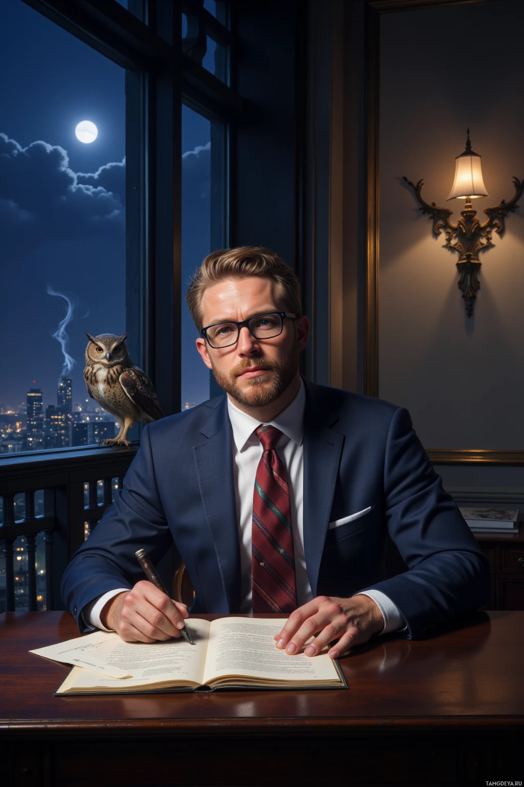 Realistic high quality photo. Man, 42, neatly styled blonde hair, thick light brown beard, bright blue eyes, fair skin, wearing a tailored navy suit and rectangular glasses, sits at a polished mahogany desk in a dimly lit penthouse overlooking an urban view at night, drafting a legal document while a lone owl perches on the balcony railing, smoke curls from a luxurious cigar, a jet icon glints on the wall, his expression calm yet commanding.