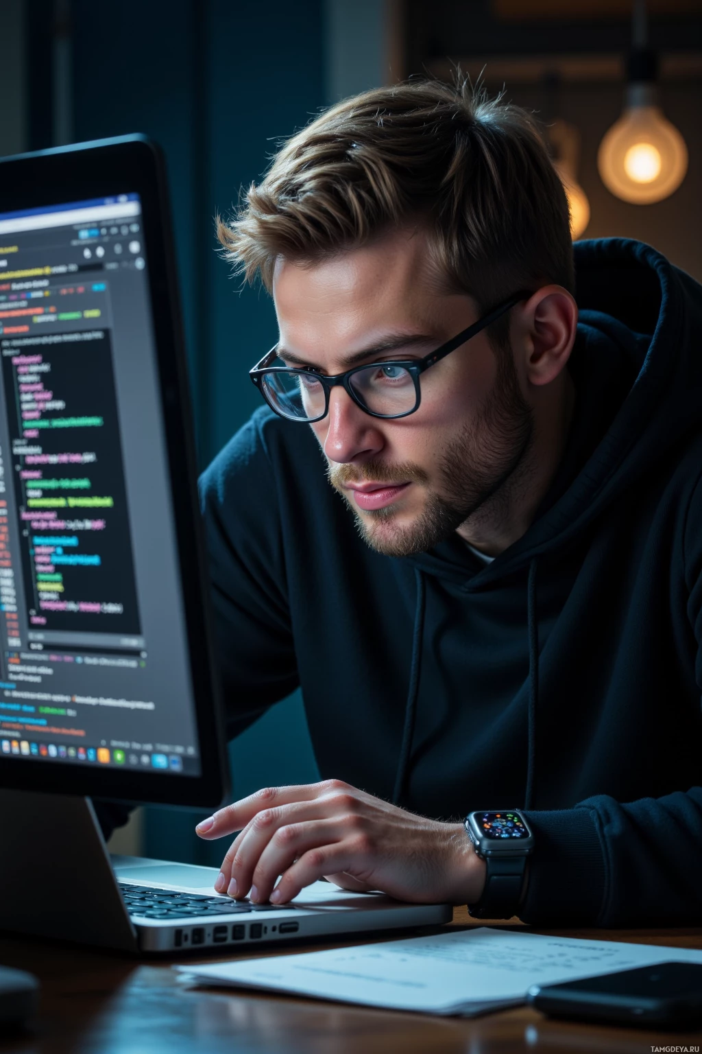 Realistic high quality photo. Male, 28, short light brown hair, pale skin, blue eyes, black hoodie and slim glasses, intensely focused at a cluttered desk with a laptop displaying error logs, smartwatch on wrist blinking alerts, late night office lighting casting shadows over the workspace.