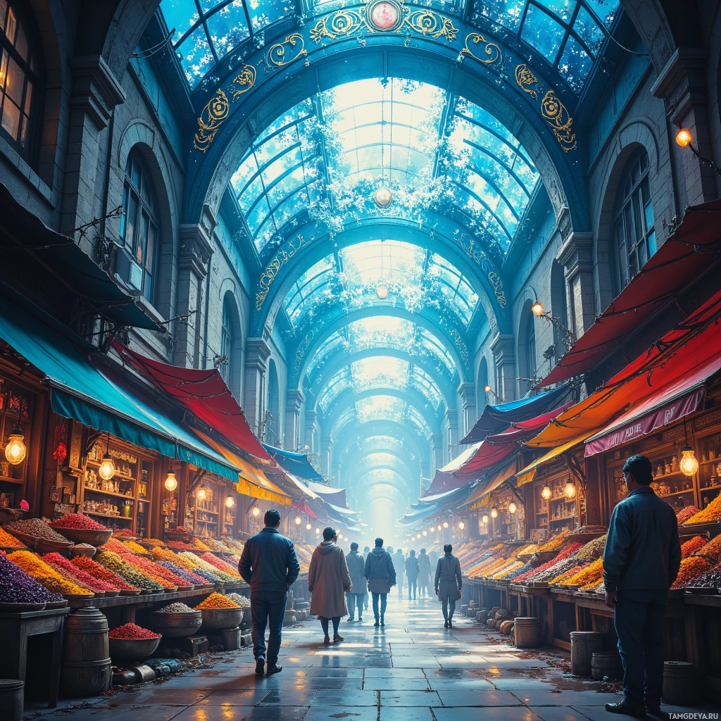 Semi-abstract image with many empty light space at center of beautiful background, that is suitable for the post:  Under the sapphire canopy of a bustling market, I hear the laughter of invisible travelers echoing between spices.