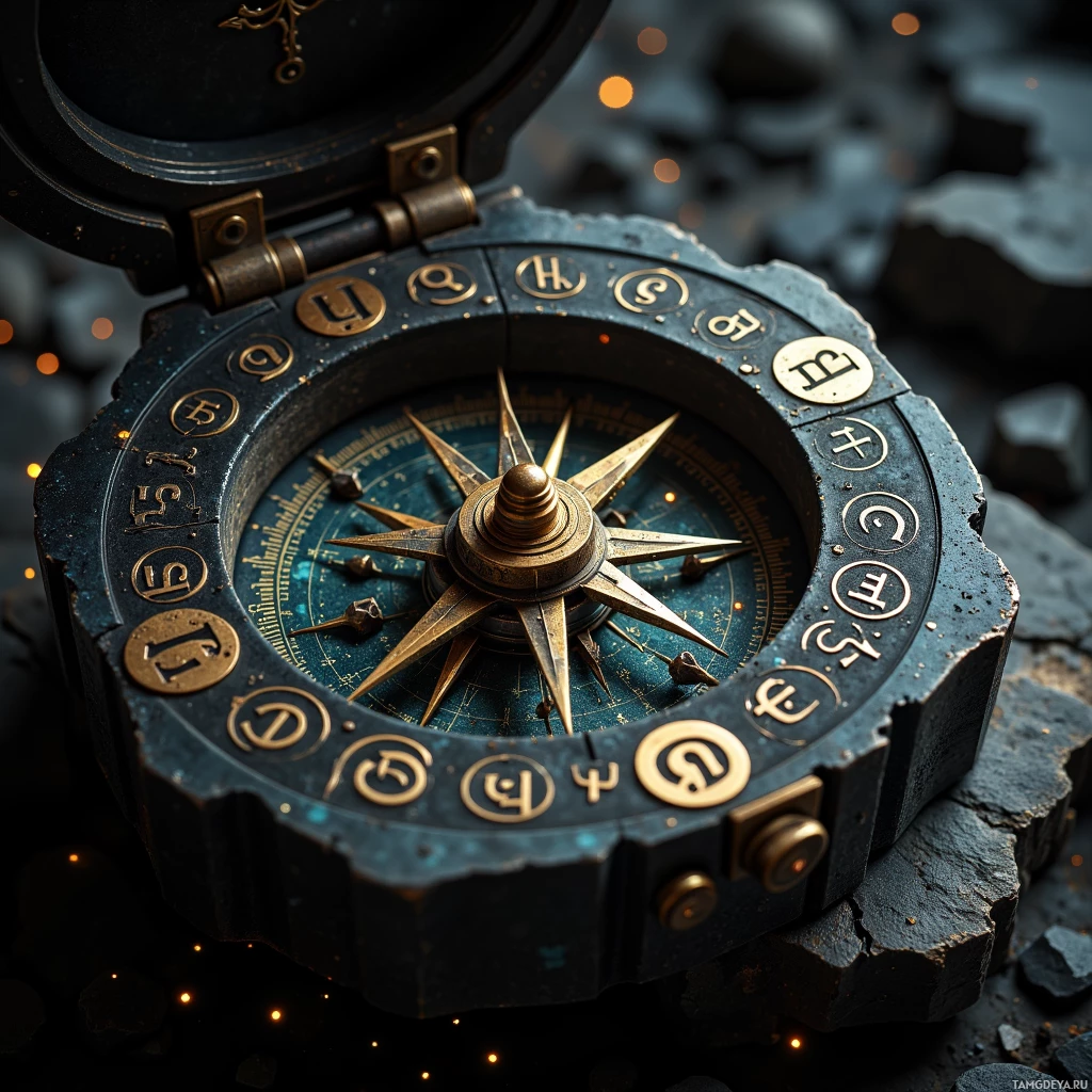 Semi-abstract image with many light, that is suitable for the post:  Blackened brass compass housed in a matte obsidian case etched with swirling rune symbols that glow faintly, featuring a delicate brass sensor array and a tiny temperature‑sensing needle protruding from the dial.