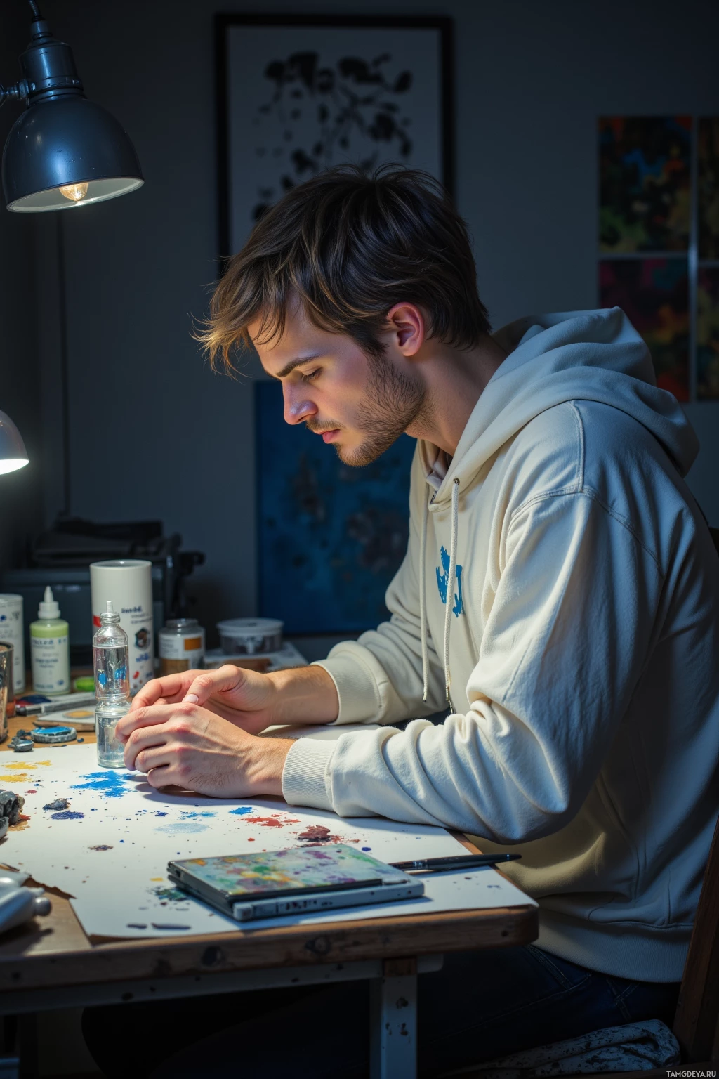 Realistic high quality photo. A 28‑year‑old male with messy light brown hair, blue eyes, pale skin, wearing a loose white hoodie with ink splatters, sits alone at a cluttered workbench in a dim studio at night, light filtering through blinds casting dust motes, he meticulously trims a single brushstroke on a tiny glass cube while a faint laugh escapes him.
