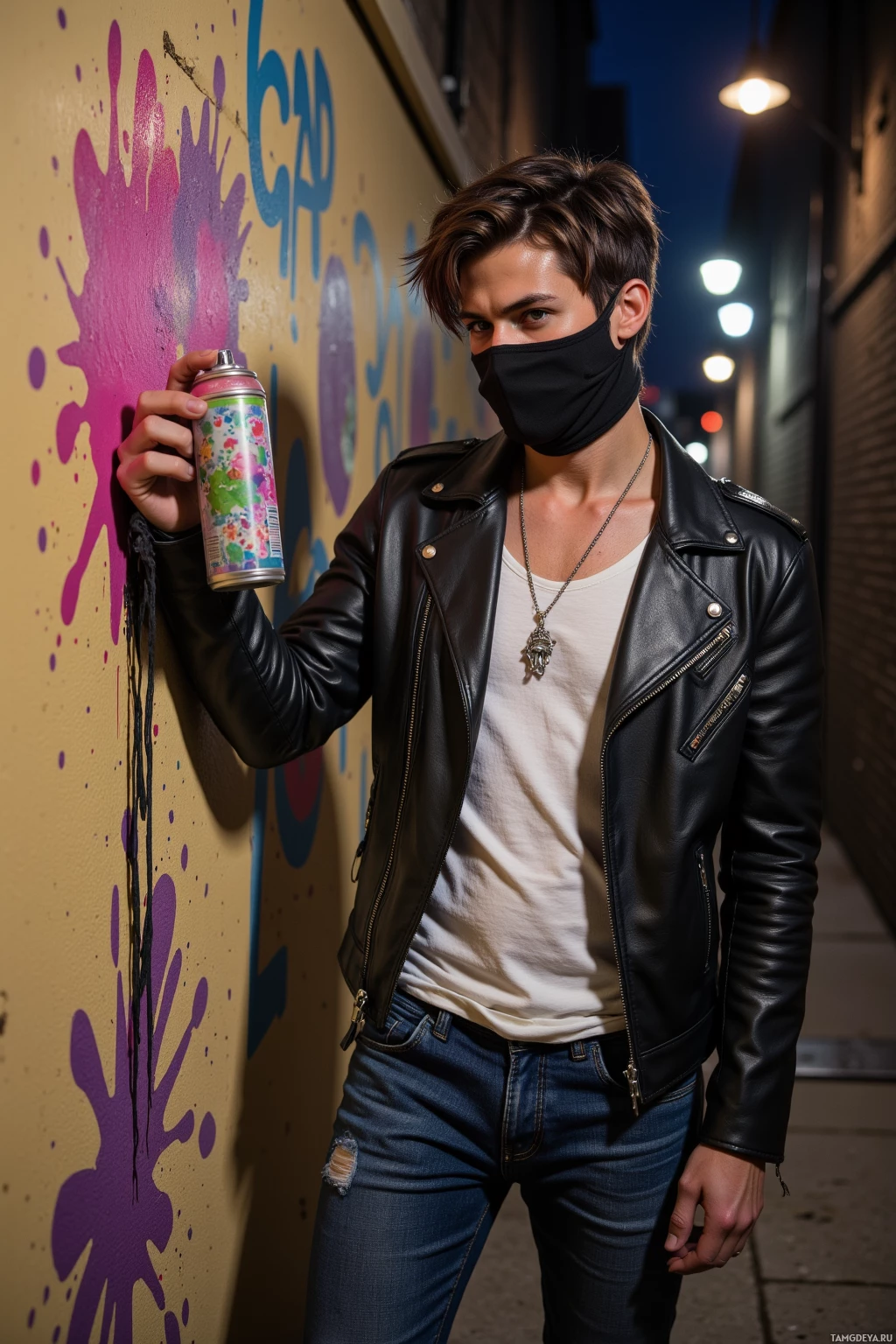 Realistic high quality photo. Masked man, 27, messy short dark hair, piercing green eyes, black leather jacket over white tank top, denim jeans, combat boots, silver chain with a miniature spray‑can pendant, standing in a dim alley at night, holding spray cans, painting a beige wall with a bright neon splash that defies new city regulations, surrounded by a tense, rebellious urban atmosphere.