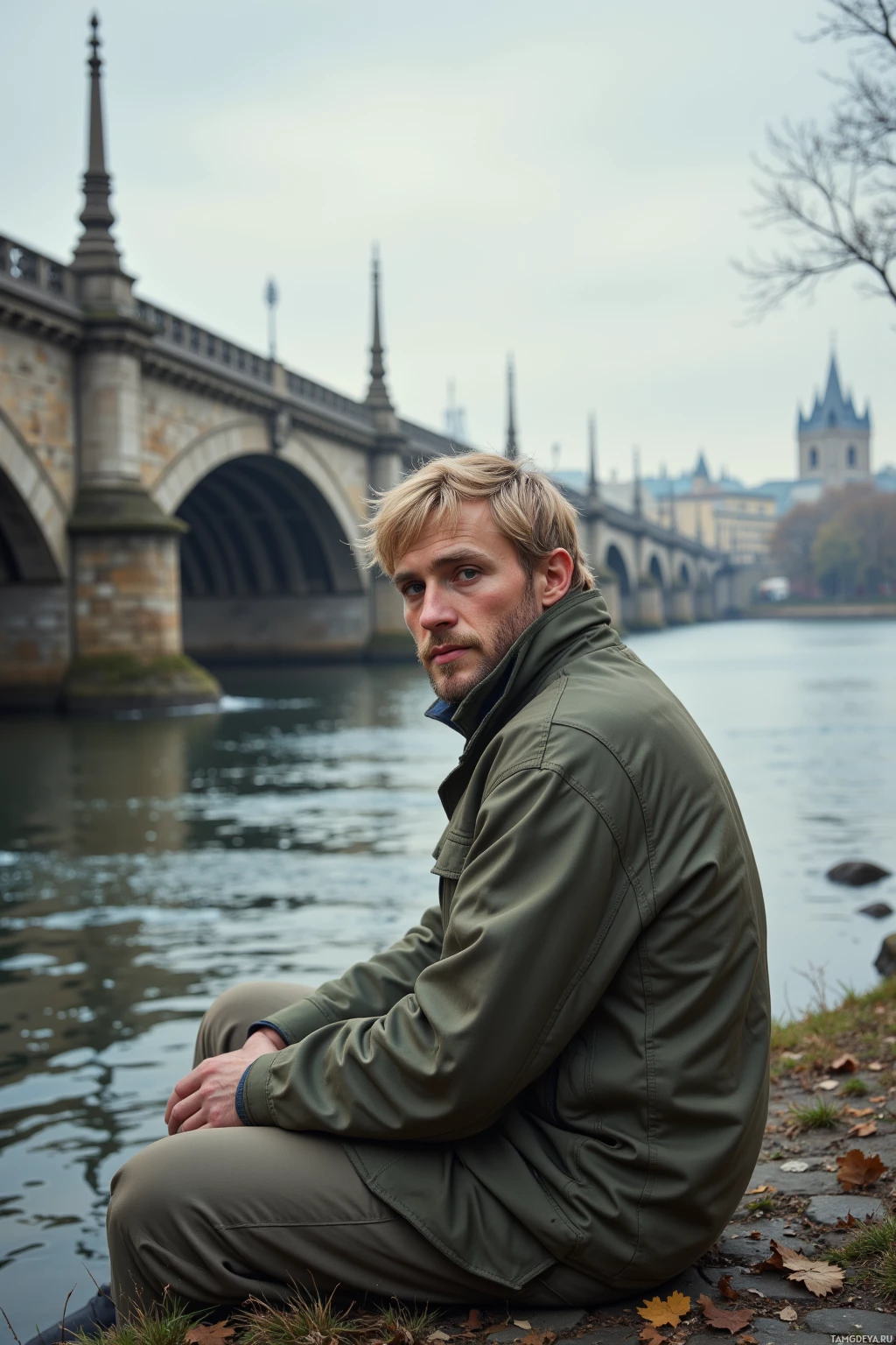 Realistic high quality photo. 32‑year‑old man with short blonde hair, brown eyes, pale skin, wearing a simple outdoor fishing jacket and matching hat, sits on the riverbank beside an old stone bridge as calm water flows past, distant city buildings loomed in muted light.