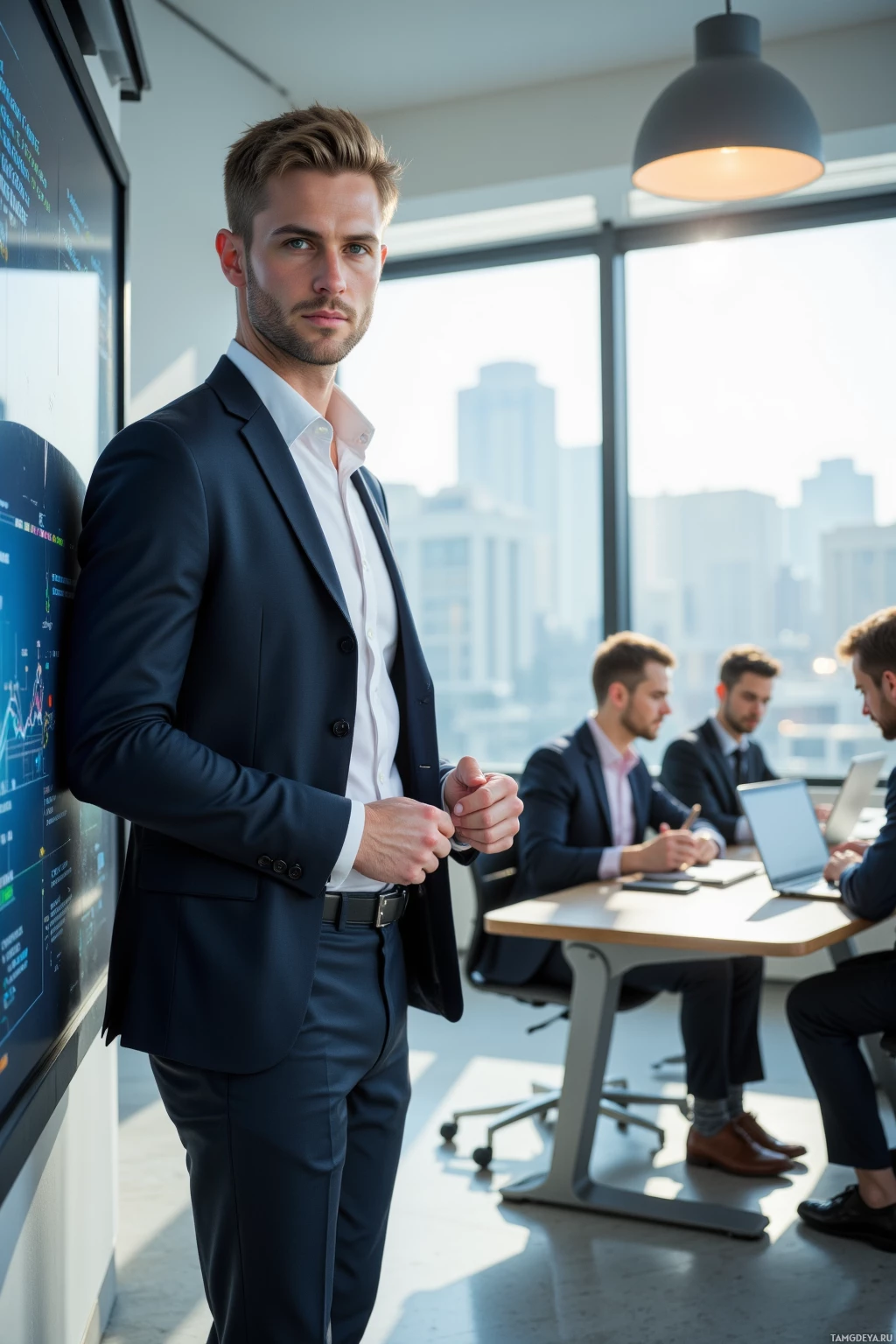 Realistic high quality photo. A tall man in his late thirties with short blonde hair and piercing blue eyes, wearing a tailored dark suit and crisp white shirt, standing in a bright modern conference room beside a large digital roadmap displayed on a screen, surrounded by attentive colleagues collaborating at laptops while afternoon natural light streams through floor‑to‑ceiling windows.