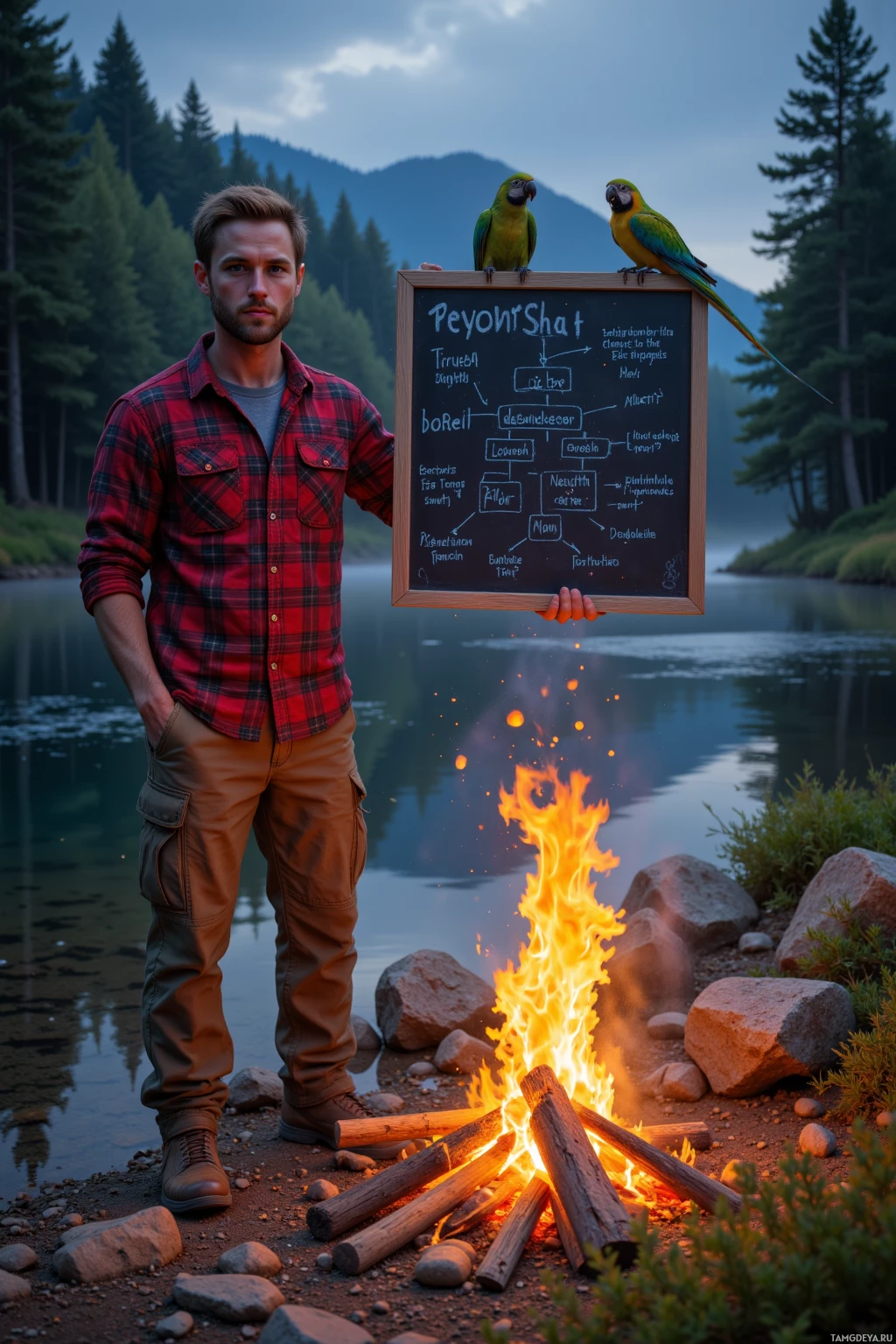 Realistic high quality photo. Male 35 with short light brown hair and beard, blue eyes, wearing a red flannel shirt, olive cargo pants, scuffed hiking boots, standing by a riverbank campsite at twilight holding a chalkboard displaying a trout social hierarchy flowchart, attempting to ignite a stubborn cold campfire while a parrot perched on his shoulder debates evolution, then roasting marshmallows over the fire as he cheers and insects buzz from nearby bushes, solitary yet triumphant atmosphere.