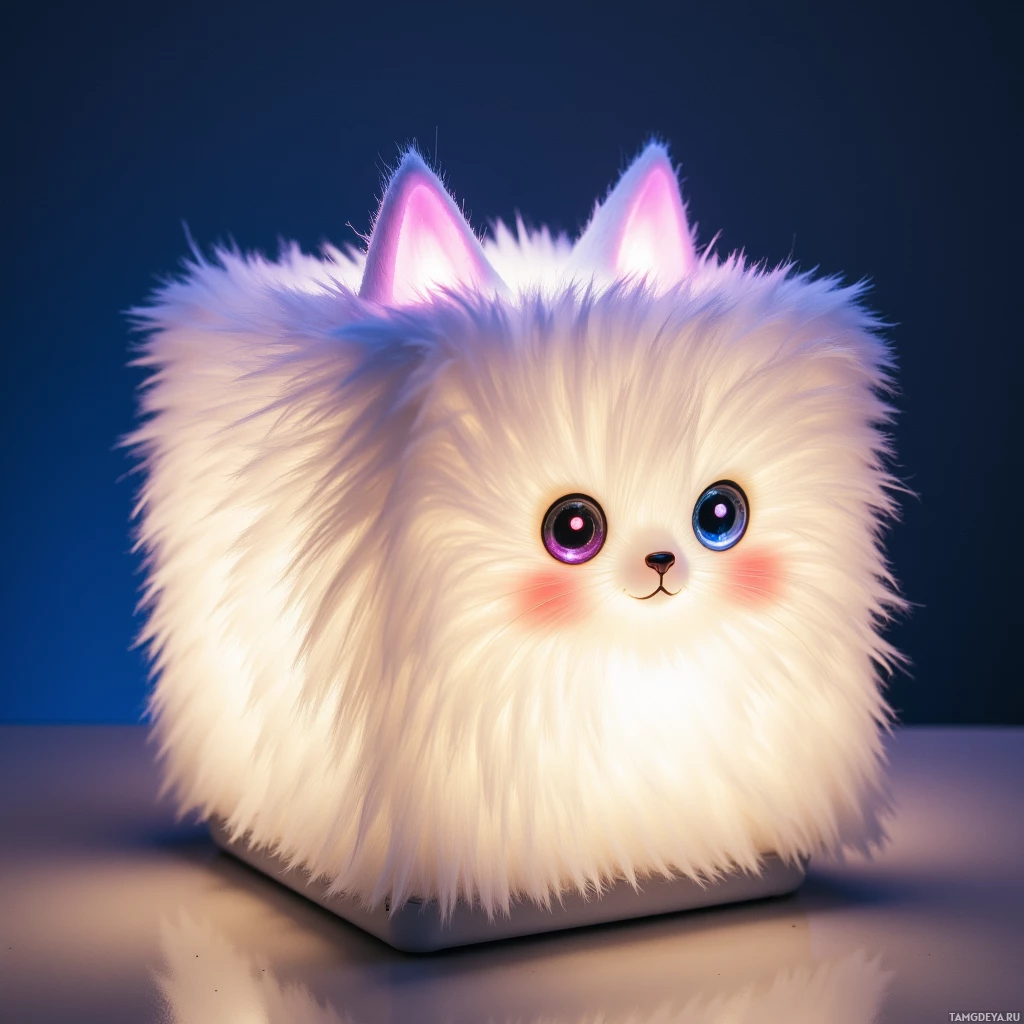 Semi-abstract image with many light, that is suitable for the post:  Fluffy cat-shaped lamp in a soft white fur cube with glowing multi‑colored irises and tiny perky LED‑lit ears that illuminate when activated, made from plush synthetic fibers and smooth plastic base.