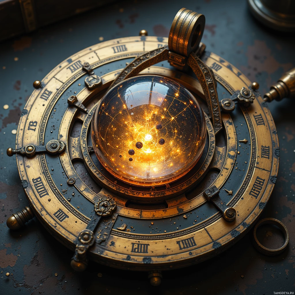 Semi-abstract image with many light, that is suitable for the post:  Tarnished brass astrolabe with scarred metal and etched runes of forgotten gods, intricate metal rings, a translucent glass sphere inside that displays a living ink map swirling with constellations, faint metallic glow and subtle, rhythmic hums.