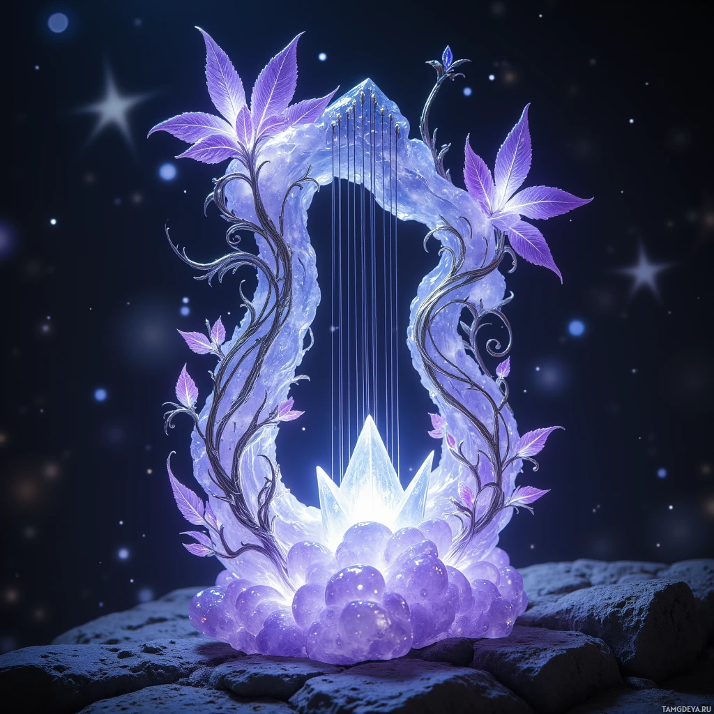 Semi-abstract image with many light, that is suitable for the post:  Starlight lyre carved from translucent moonlit quartz, wrapped in swirling silver vines that pulse softly, with strings that emit lilac mist forming feather-like wisps, all glowing with a subtle celestial glow.