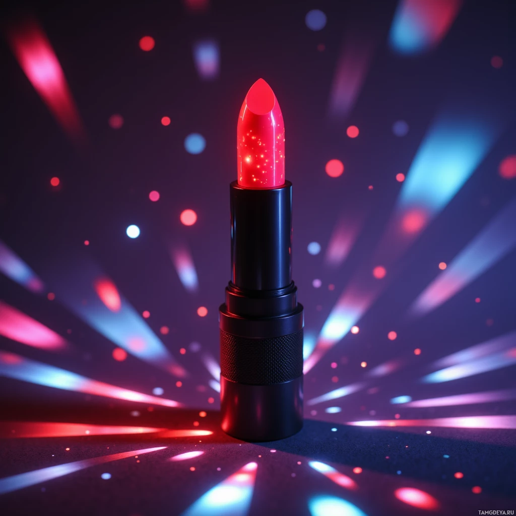 Semi-abstract image with many light, that is suitable for the post:  Mini hologram projector shaped like a sleek matte red lipstick, featuring a tiny OLED panel, color‑changing ruby to midnight tint, subtle holographic glow, and built‑in speaker, Bluetooth‑enabled tech accessory.