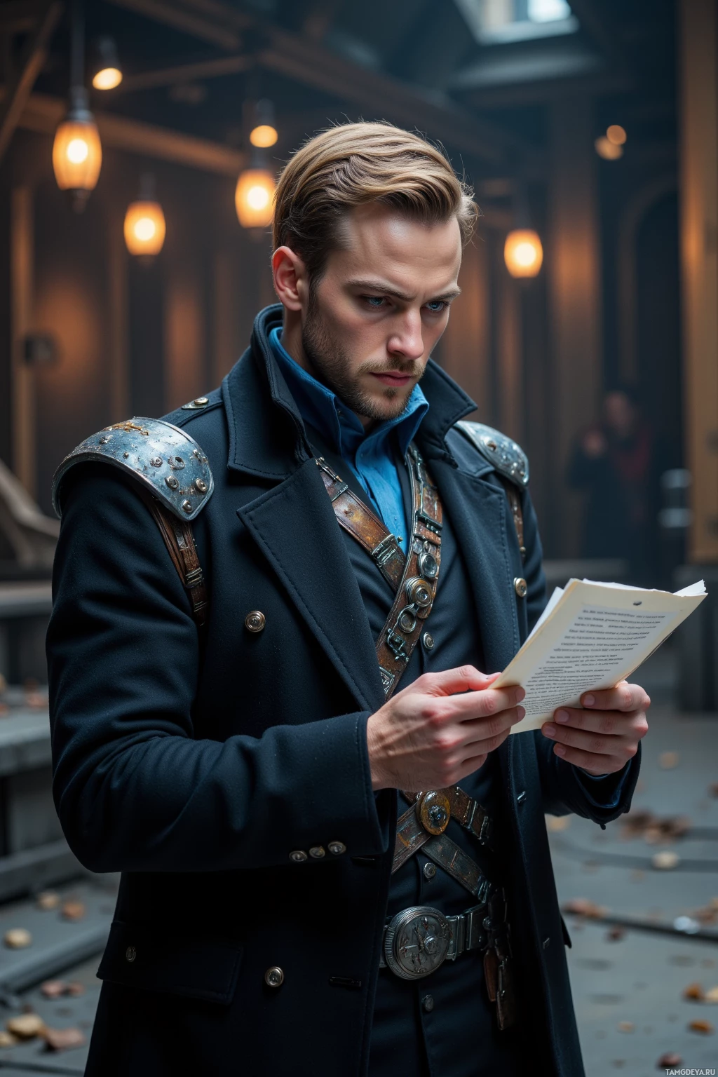 Realistic high quality photo. Male 32, short neat blonde hair, blue eyes, sharp jawline wearing a period military jacket with a high collar and glowing sci‑fi armor accents under a tailored black coat, standing on a rehearsal stage at daylight reviewing a script in front of studio lights, focused yet slightly apprehensive.