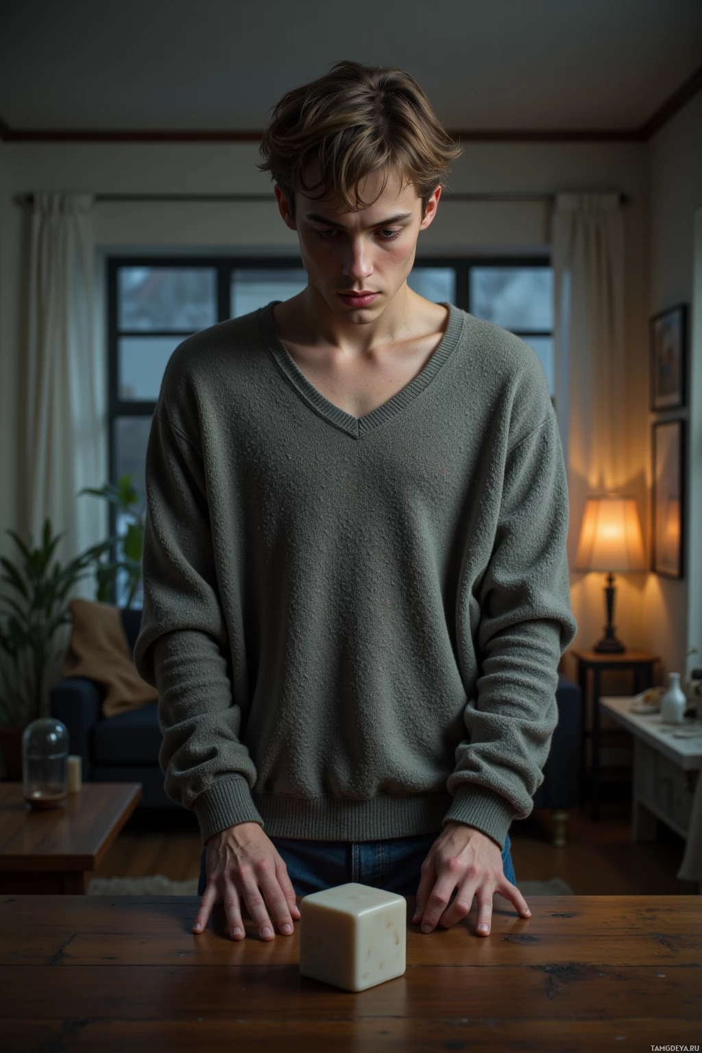 Realistic high quality photo. A 20‑year‑old slender man with pale skin, messy light brown hair, green eyes, wearing an oversized loose sweater, stands in the middle of a modest modern living room, staring at a cheap plastic cube on a wooden table while a single streetlight outside casts a dim amber glow through a window, his posture relaxed and indifferent.