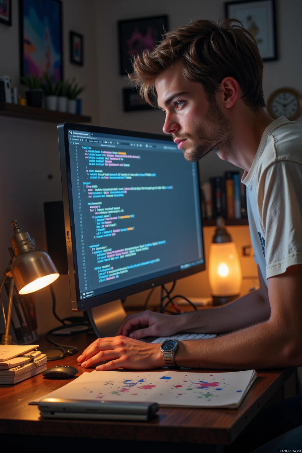 Realistic high quality photo. A 26‑year‑old male coder with messy light brown hair, blue eyes, in a loose pale t‑shirt and light jeans, hunched at a cluttered home office desk staring at his laptop screen showing recursive code loops and pixelated duck icons blinking like digital eyes, illuminated by warm desk lamp glow.