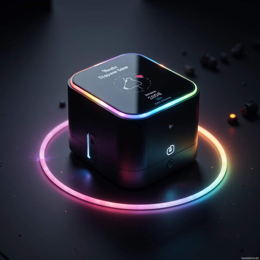 Semi-abstract image with many light, that is suitable for the post:  sleek black cube pocket‑sized loop station with polished metal surface, translucent glowing LED ring around its edge, tiny rectangular touch screen on one face, and subtle pulsing lights indicating new loops.