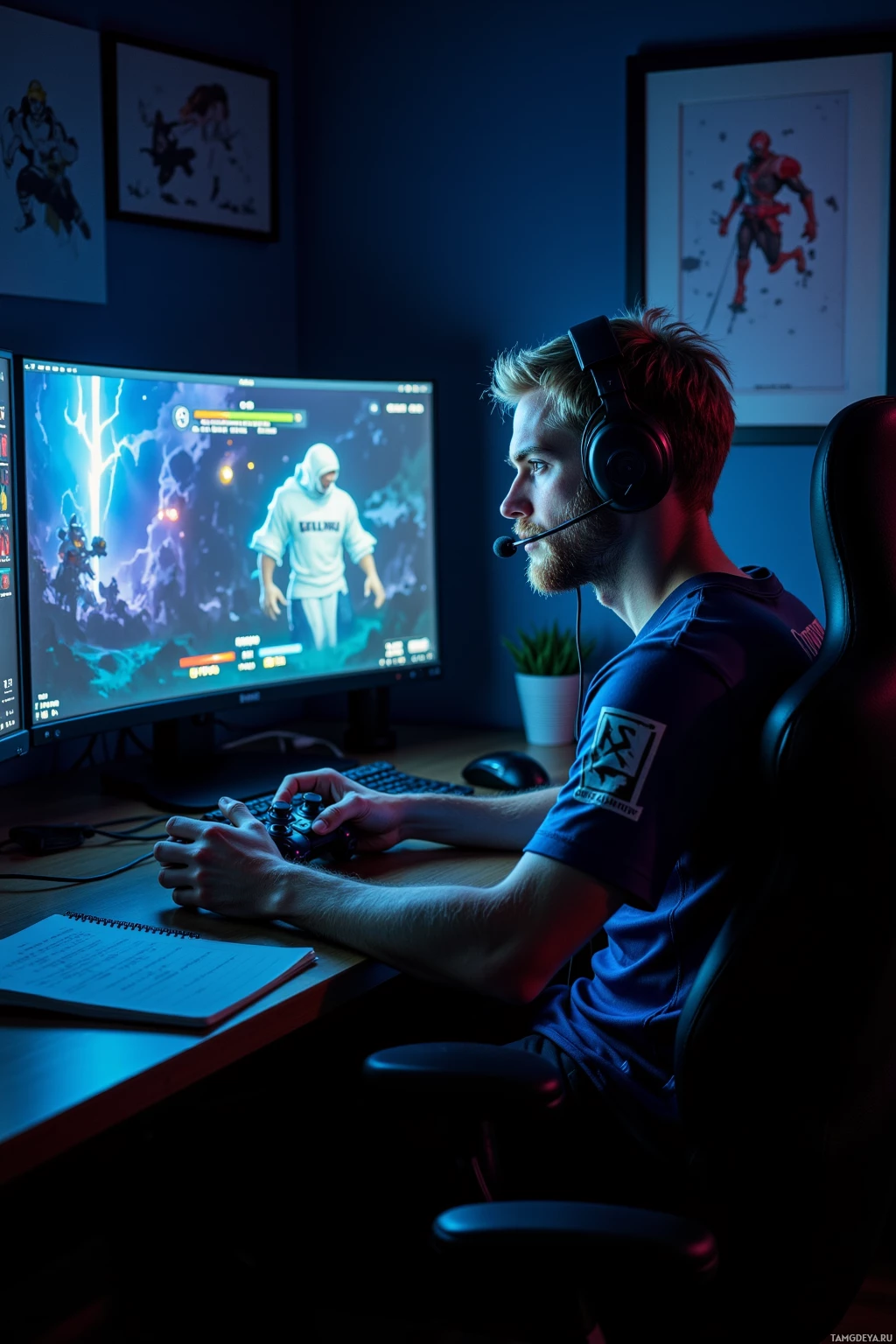 A person is playing a video game on a computer in a dimly lit room.