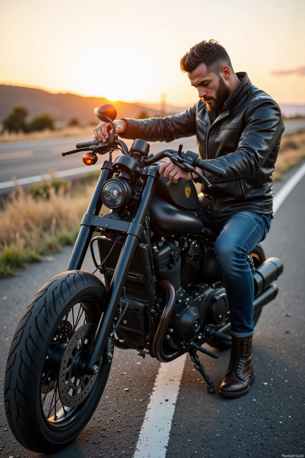 A man in a leather jacket sits on a black motorcycle on a road at sunset.