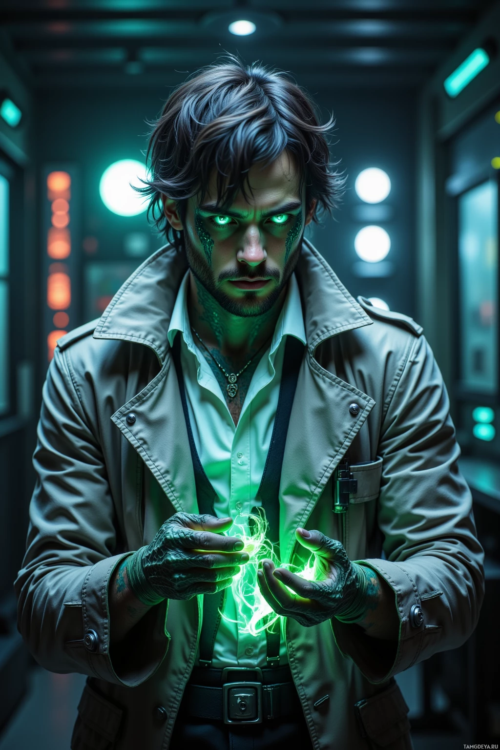 A man in a trench coat holds glowing green energy in his hands.