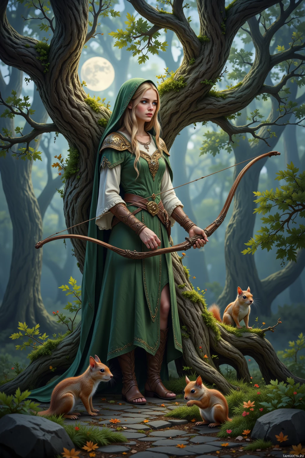 A woman in a green dress stands in a forest, holding a bow, with two squirrels near her feet.