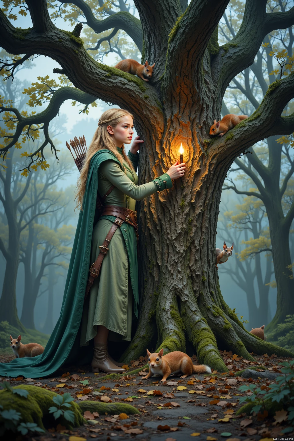 A woman in a green outfit stands beside a large tree, holding a lit candle, with squirrels nearby in a misty forest.