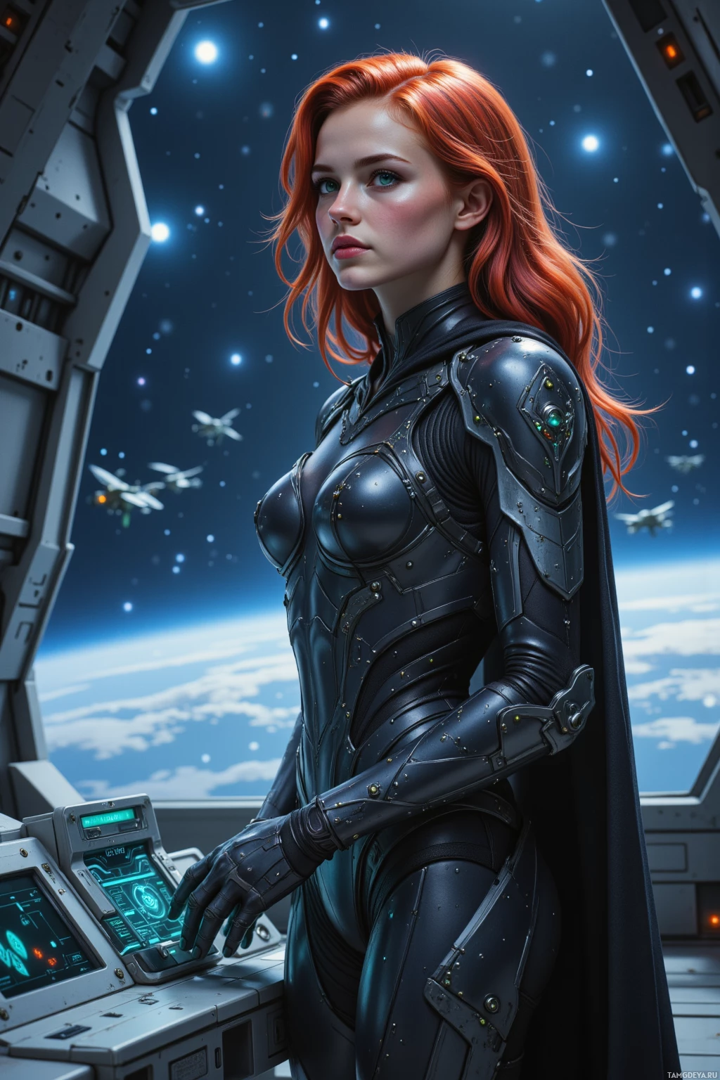 A woman in futuristic armor stands in a space station, with a backdrop of stars and a distant planet.