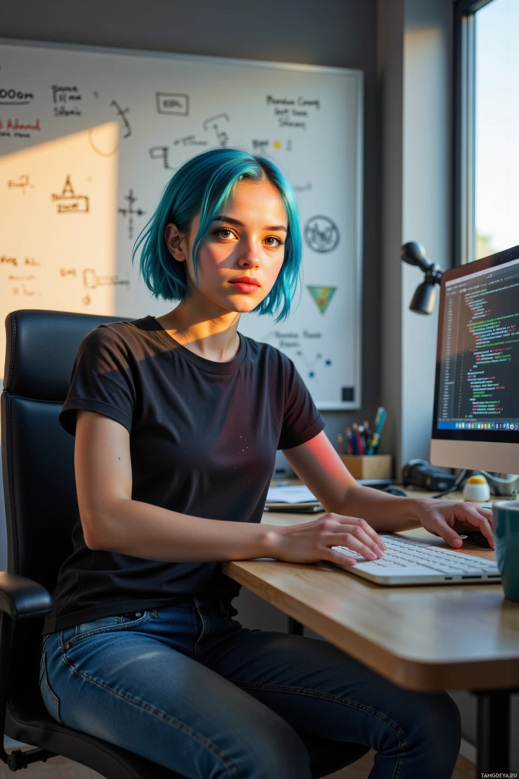 A person with blue hair sits at a desk working on a computer.