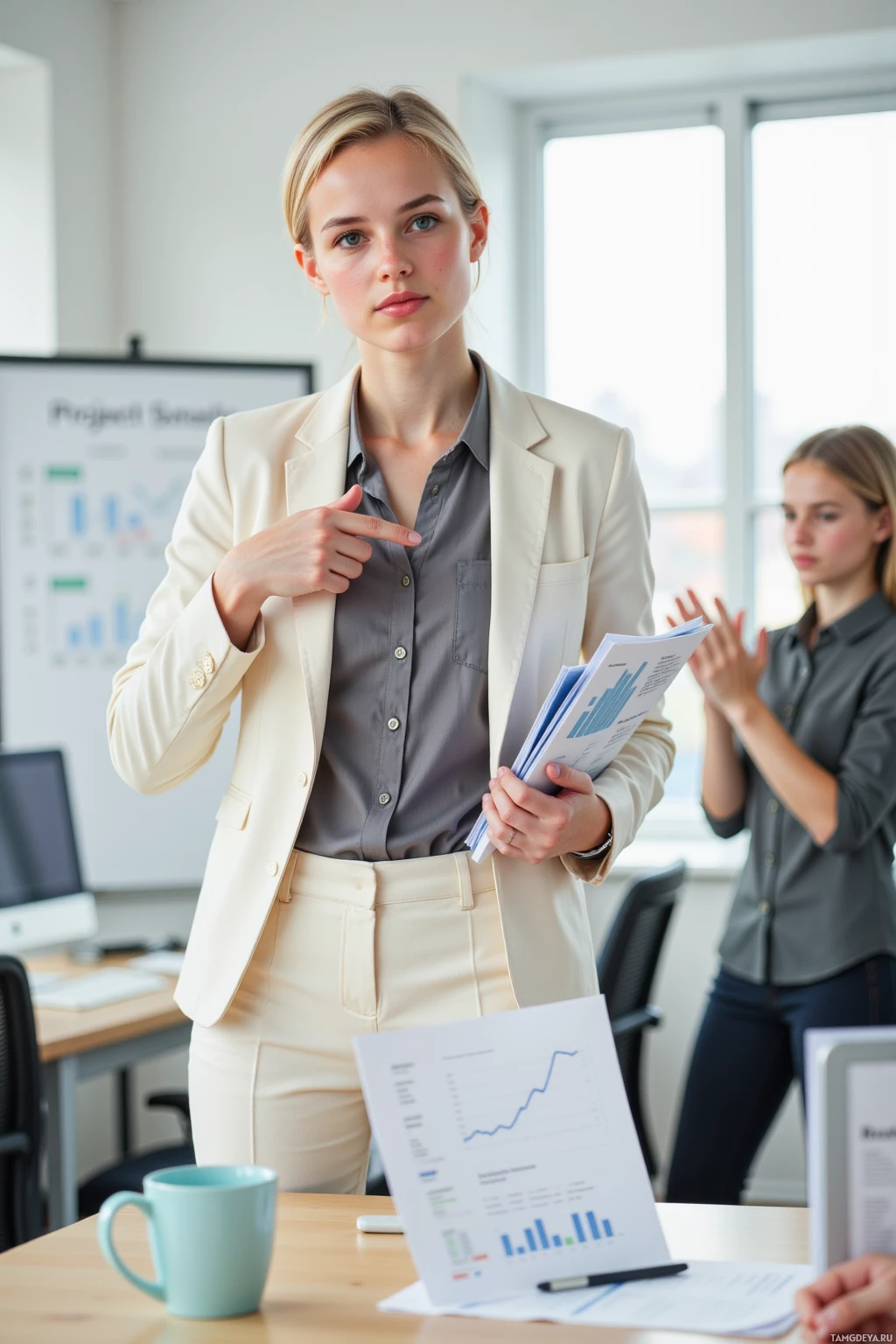 A woman in a professional setting holds documents and points to herself, with another person in the background.