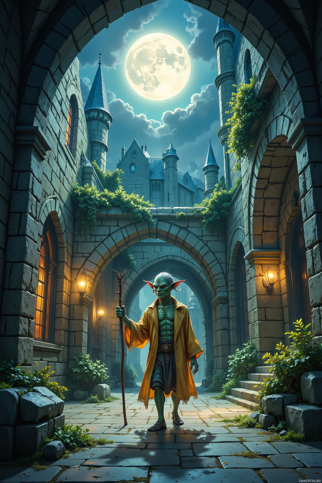 A fantasy scene featuring a green-skinned character with pointed ears, holding a staff, standing in front of a grand stone archway with a full moon in the sky.