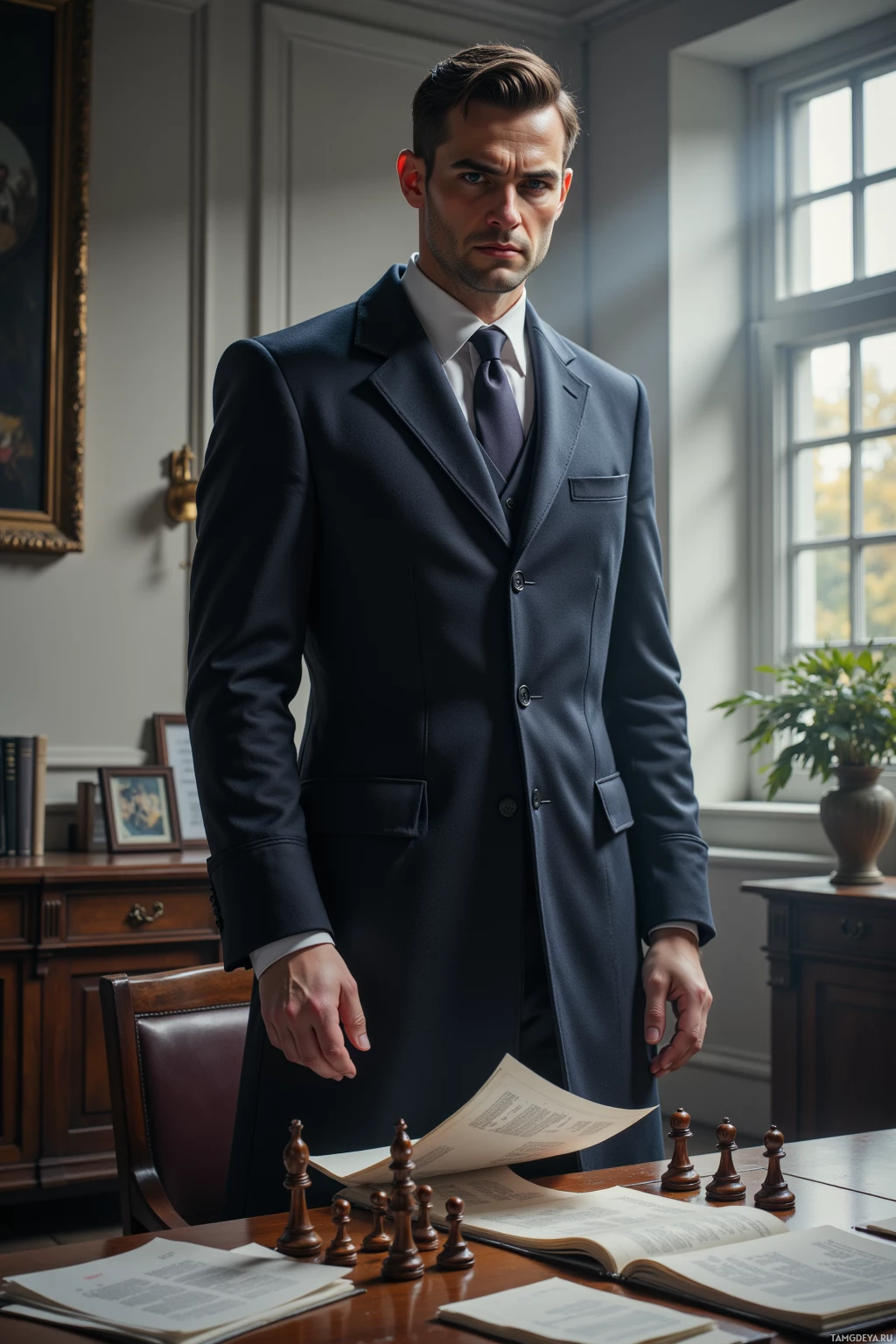 A man in a formal suit stands in a room with a chessboard and books on the table.