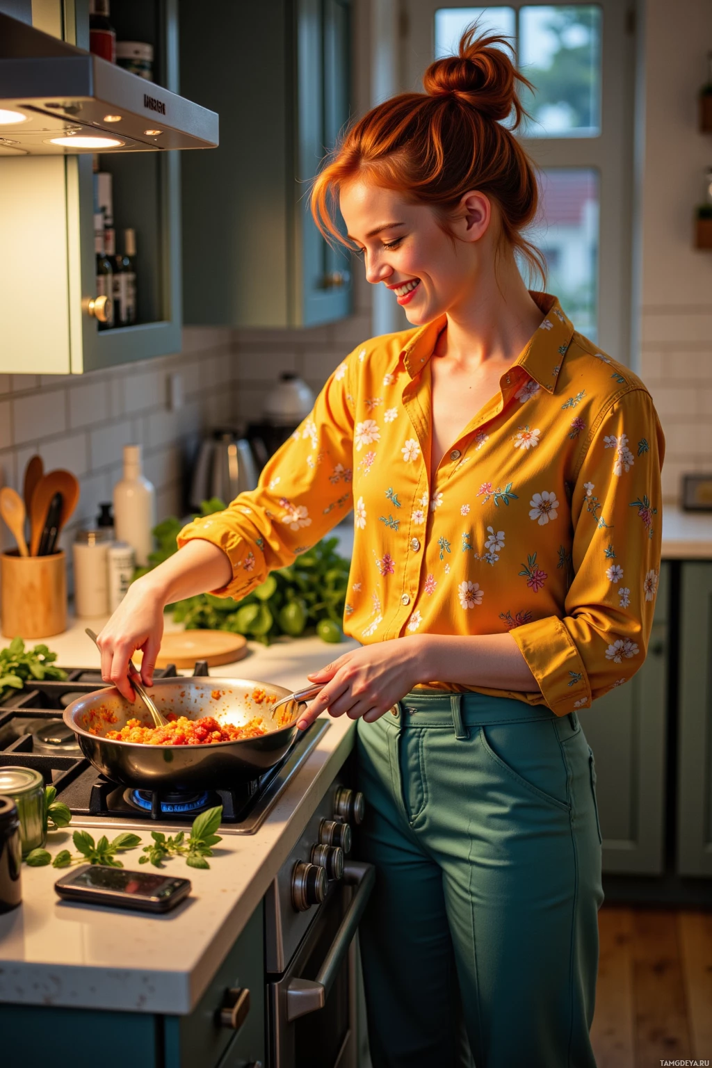 A woman in a yellow floral shirt is cooking in a kitchen.