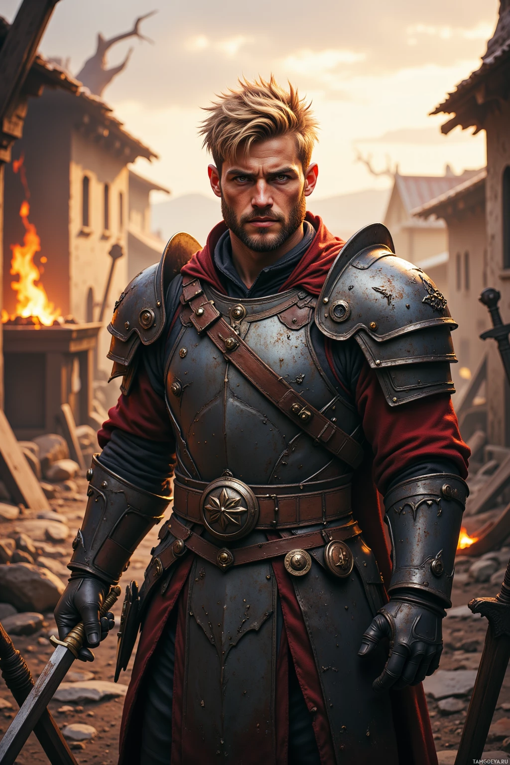 A knight in armor stands in a village setting with a fiery background.