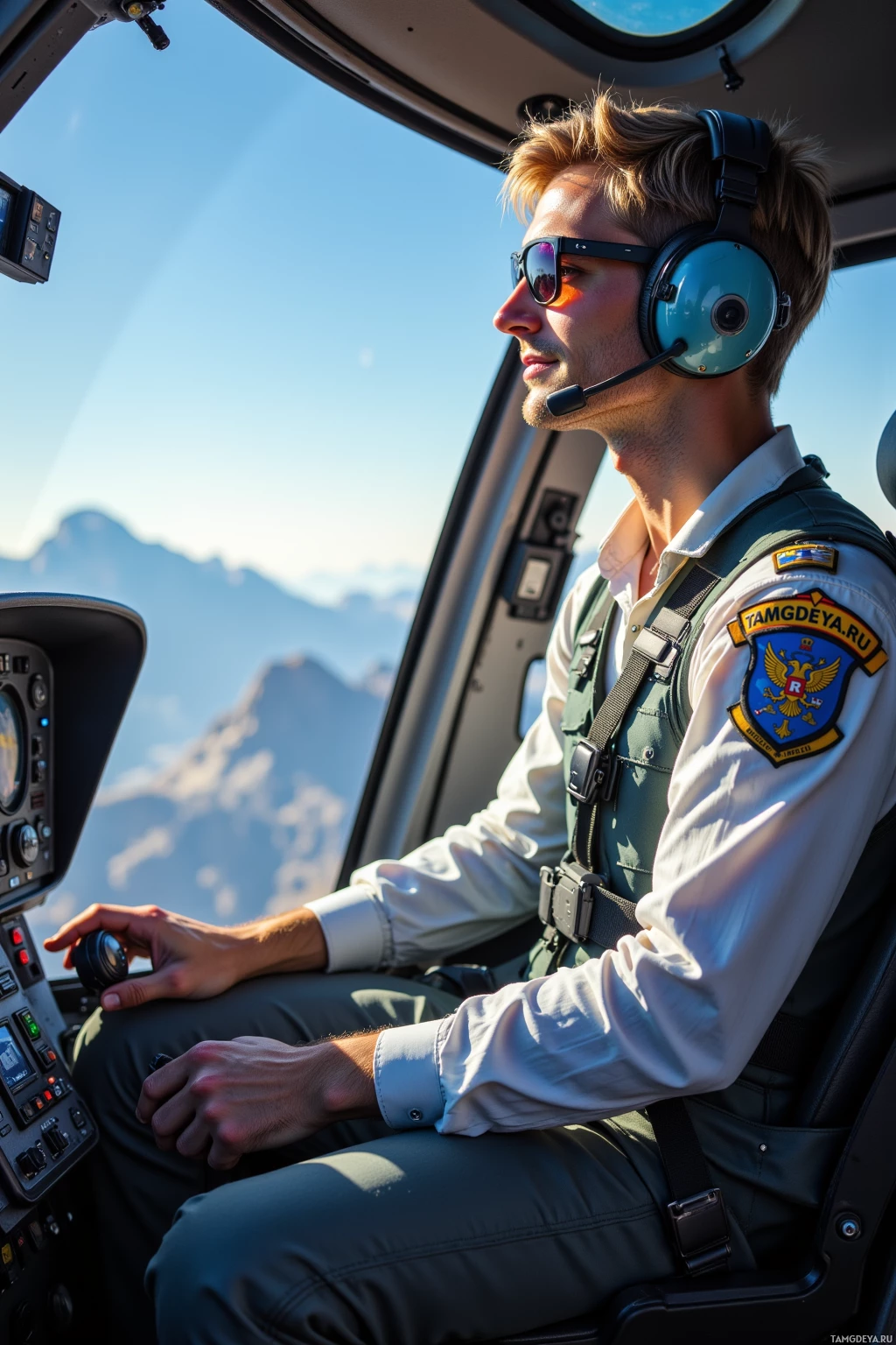 A pilot in a cockpit with a scenic mountain view outside.