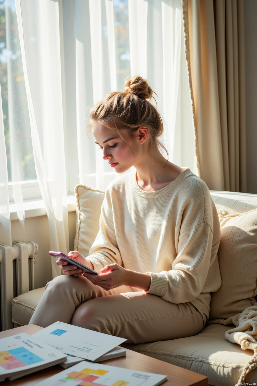 A woman sits on a couch by a window, looking at her phone.