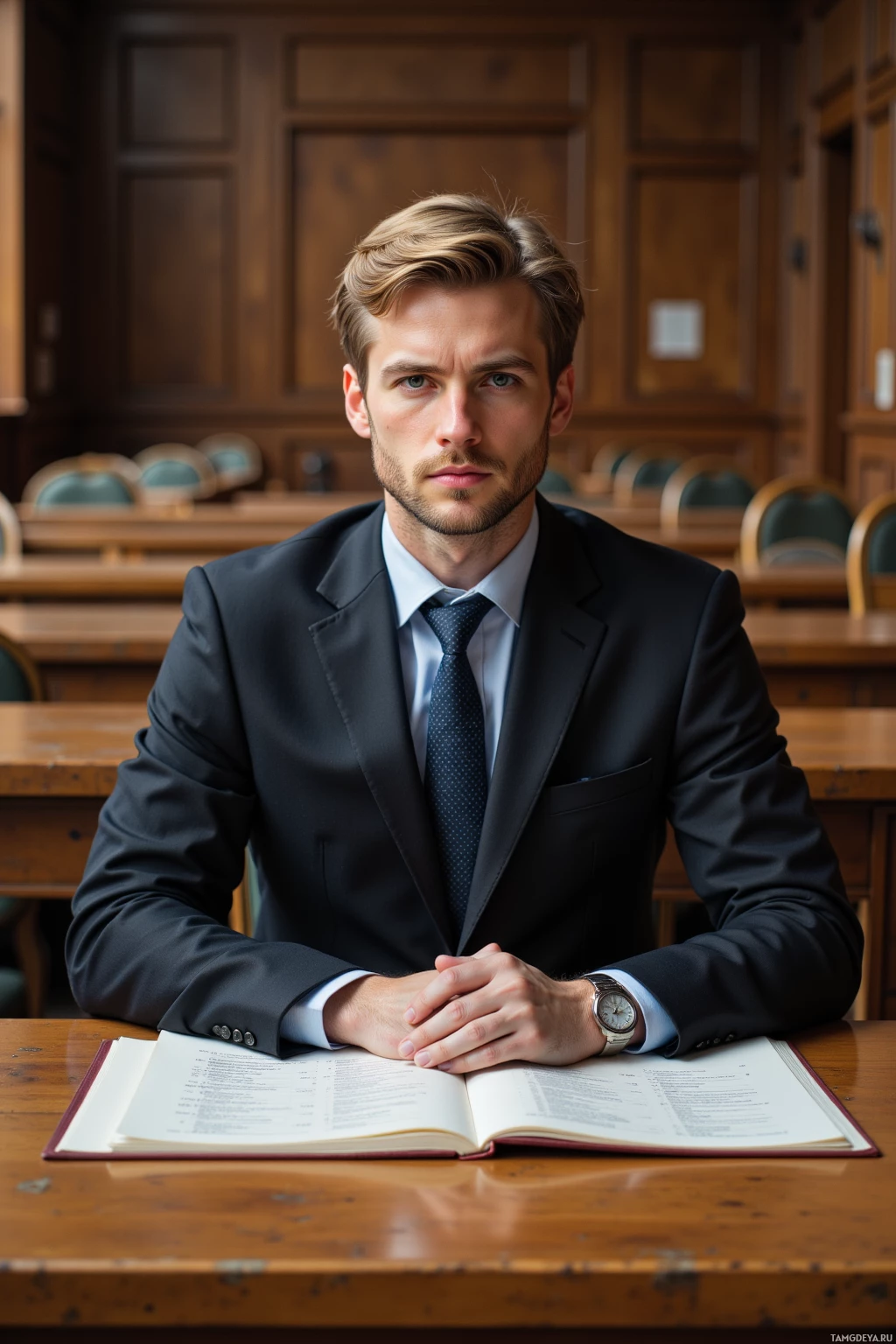 A man in a suit sits at a desk in a formal setting, hands clasped.
