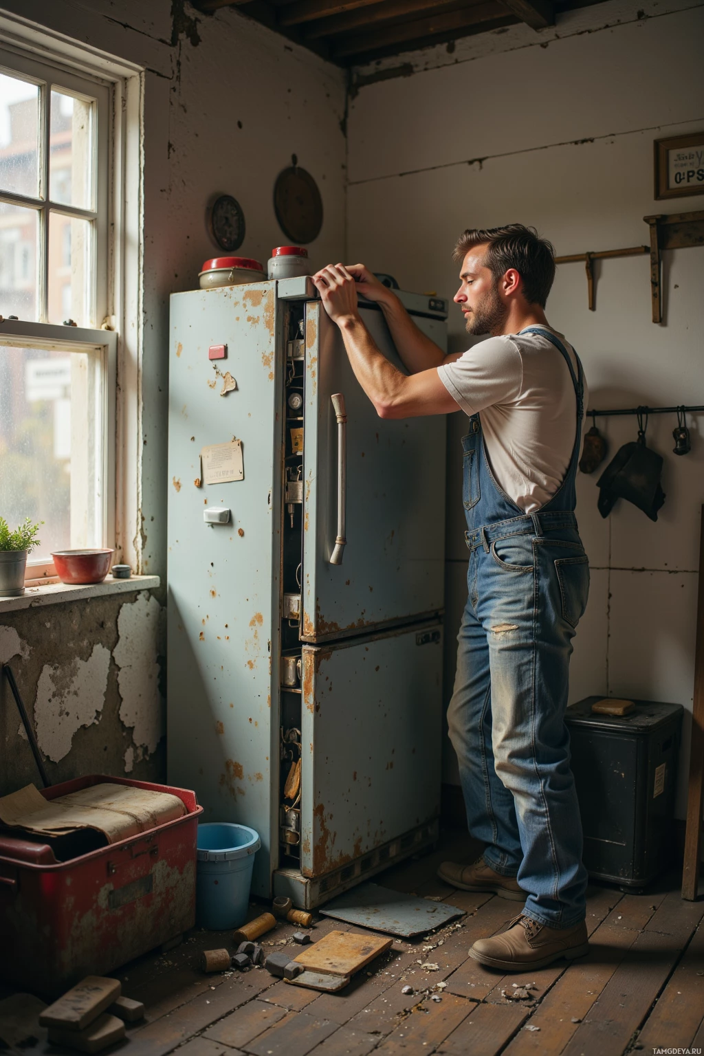 A man in overalls works on a rusted refrigerator in a rustic, cluttered room.