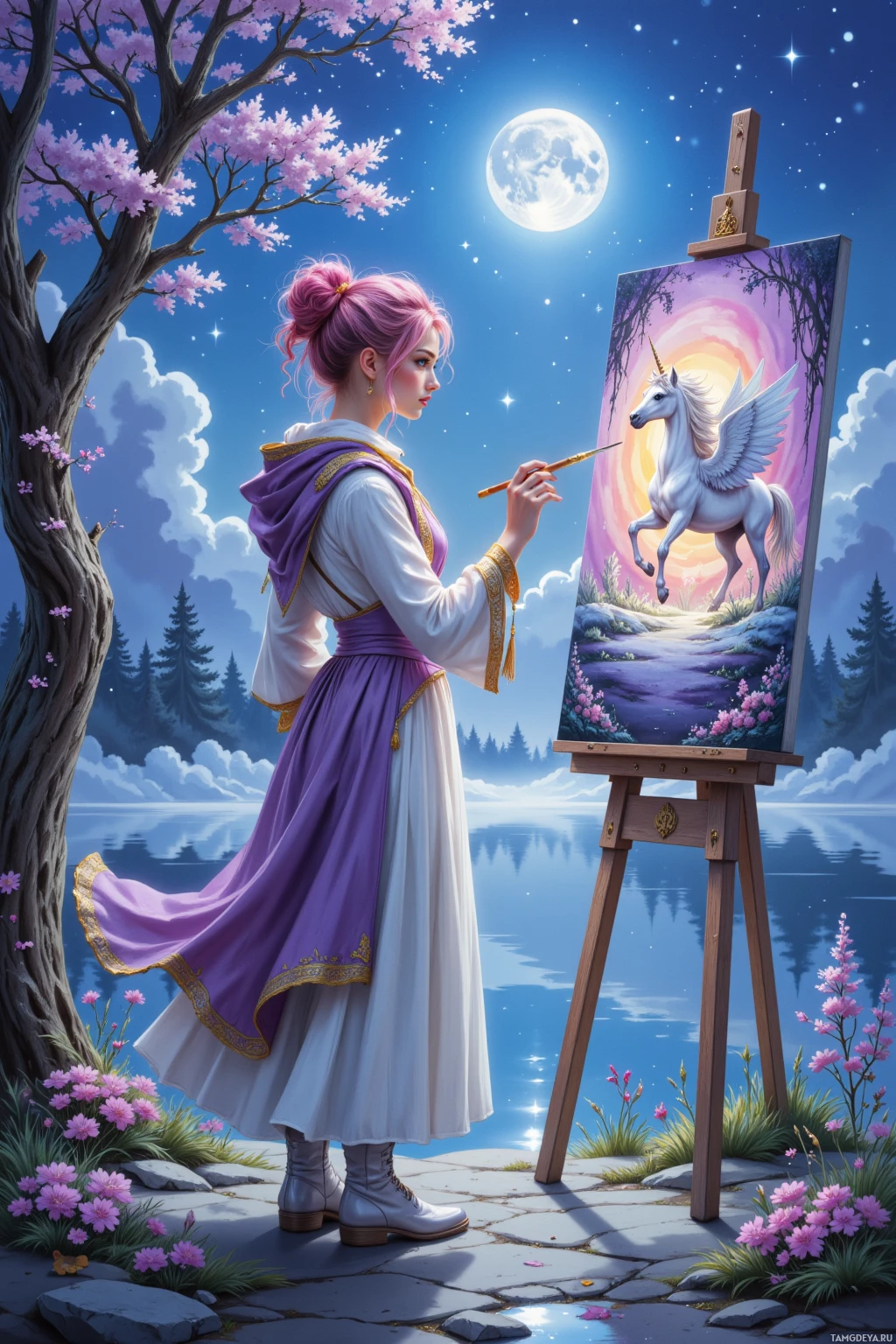 A woman in a purple and white dress paints a unicorn on an easel under a night sky with a full moon.