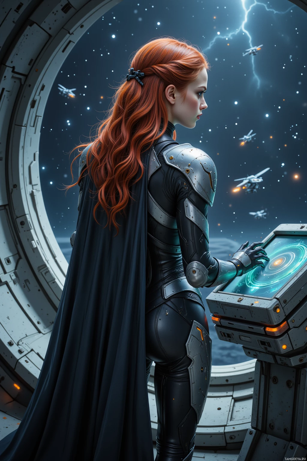 A woman in futuristic armor stands at a control panel, gazing out at a starry space scene with flying spacecraft.