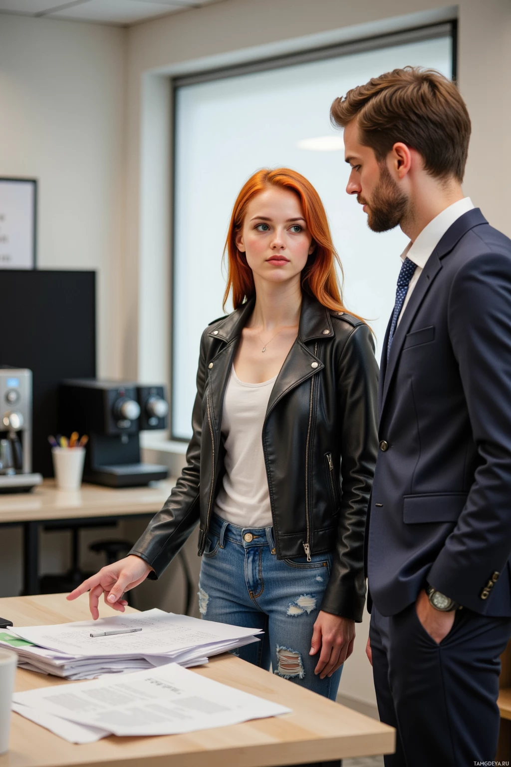 A man and a woman are standing in an office, engaged in a discussion.