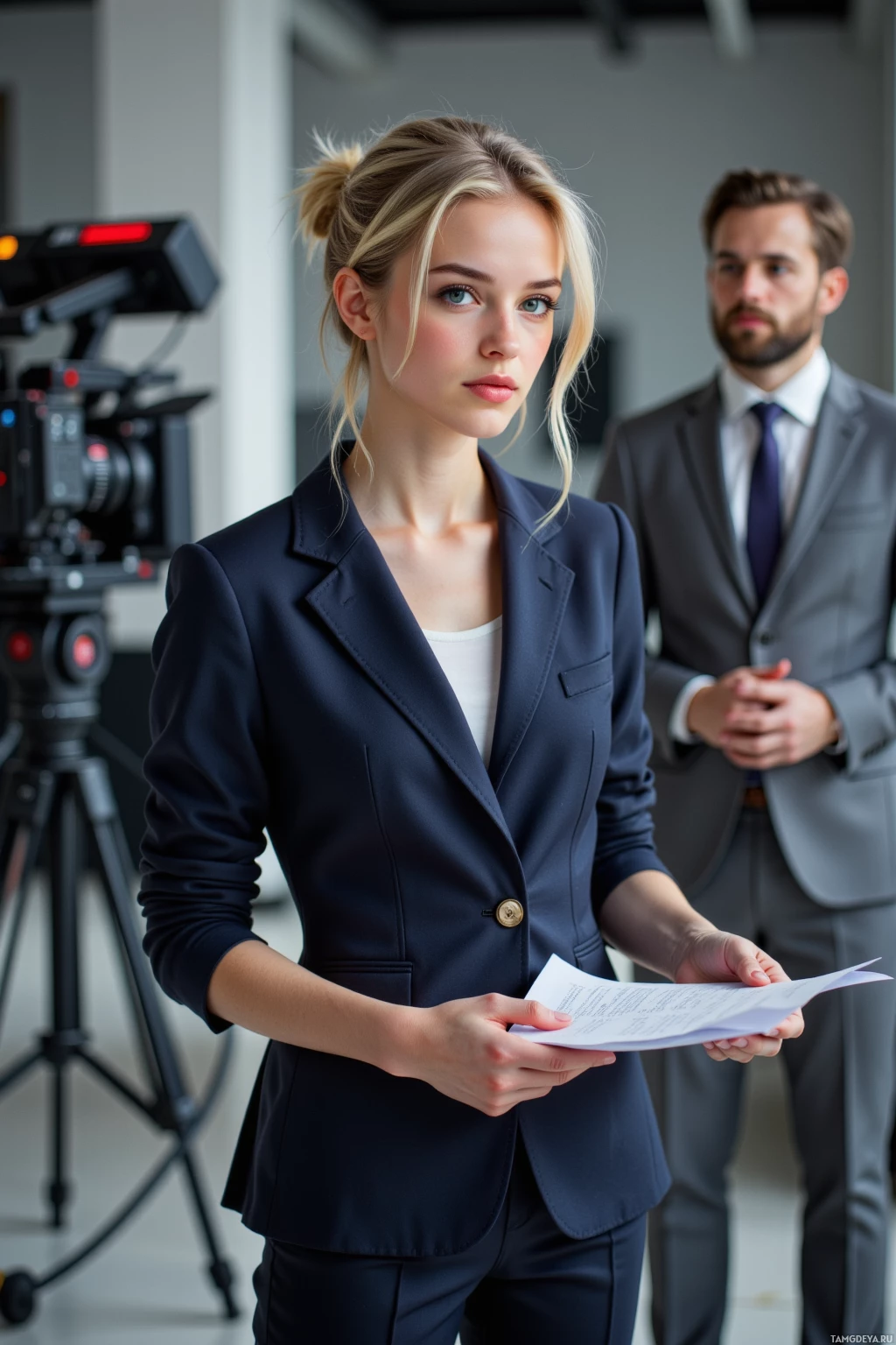 A woman in a business suit holds papers, standing in front of a camera with a man in a suit behind her.