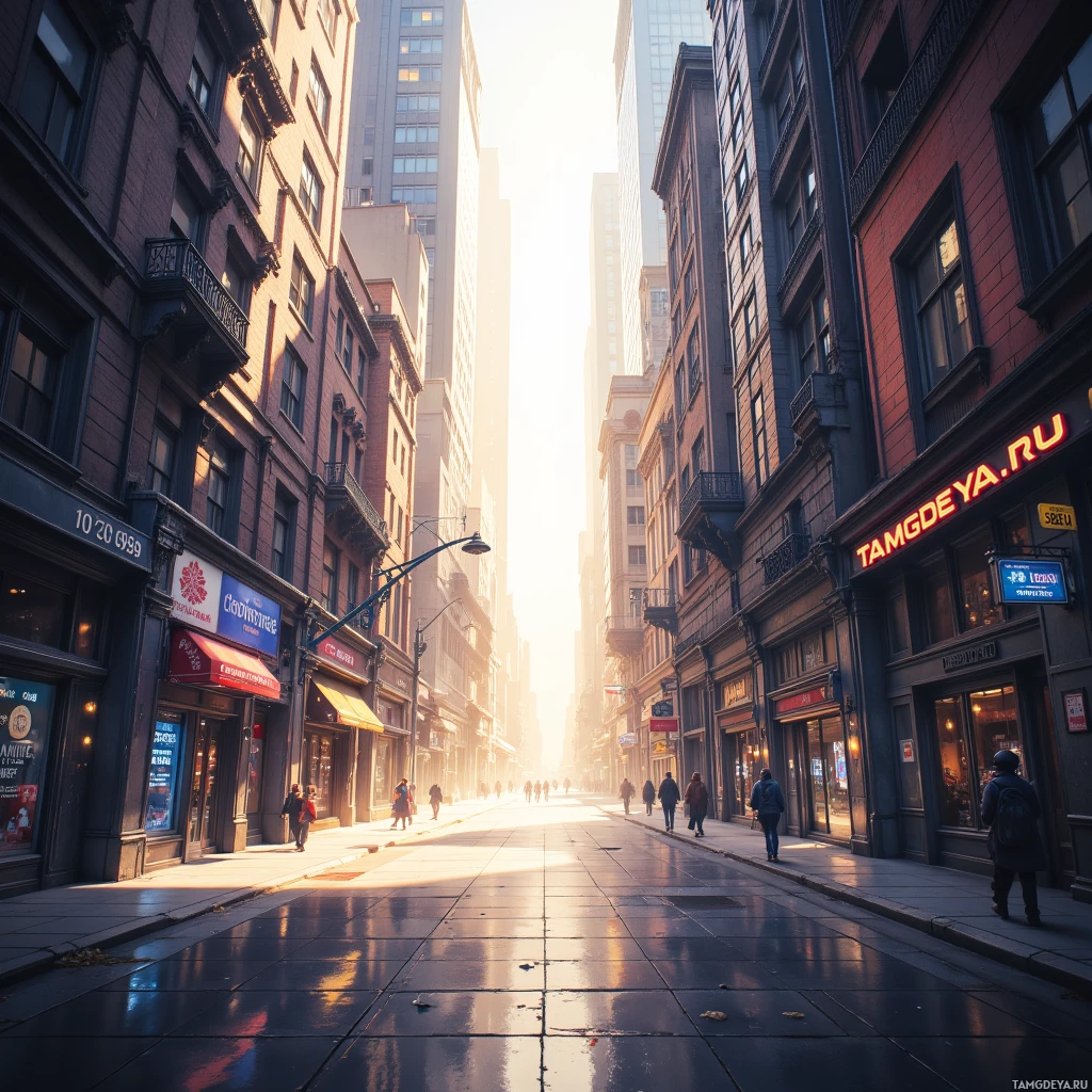 A sunlit city street with tall buildings and pedestrians walking.