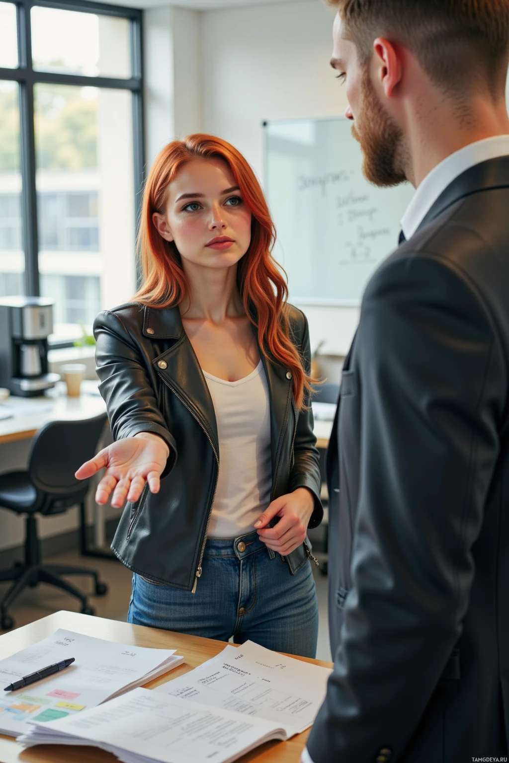 A woman in a leather jacket extends her hand towards a man in a suit in an office setting.