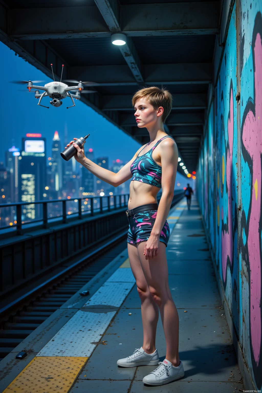 A person stands on a bridge at night, holding a drink, with a drone hovering nearby and a cityscape in the background.