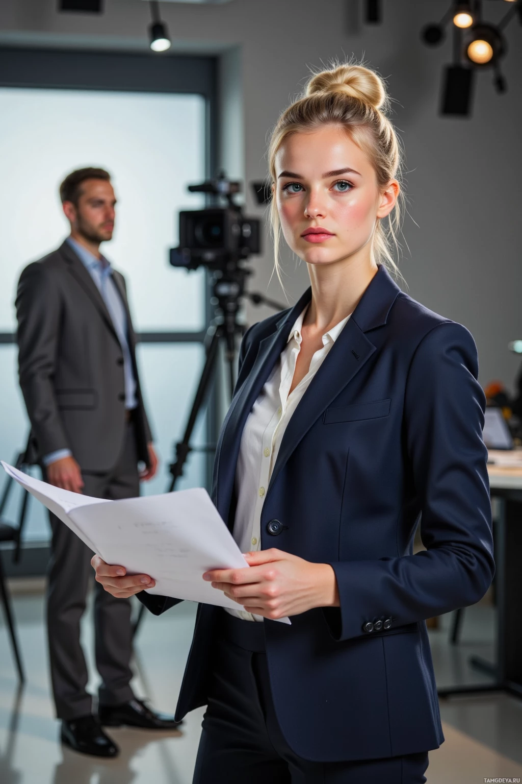 A woman in a professional suit holds papers, with a man in the background.