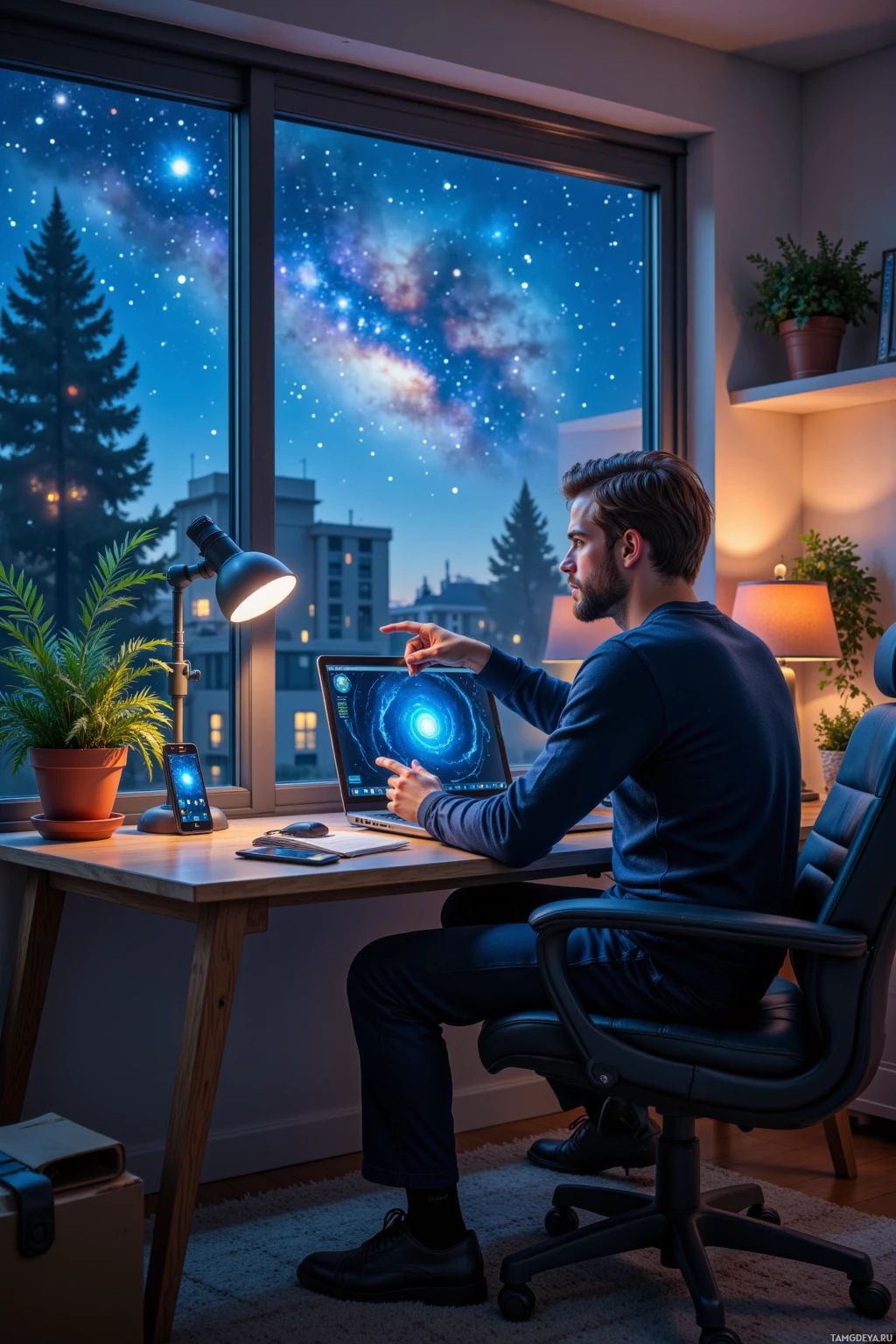 A man sits at a desk in a dimly lit room, pointing at a glowing spiral galaxy displayed on his laptop screen.