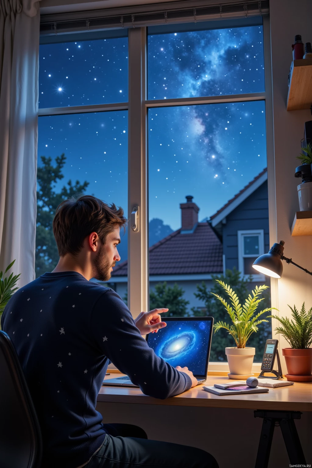 A person sits at a desk by a window, looking out at a starry night sky.