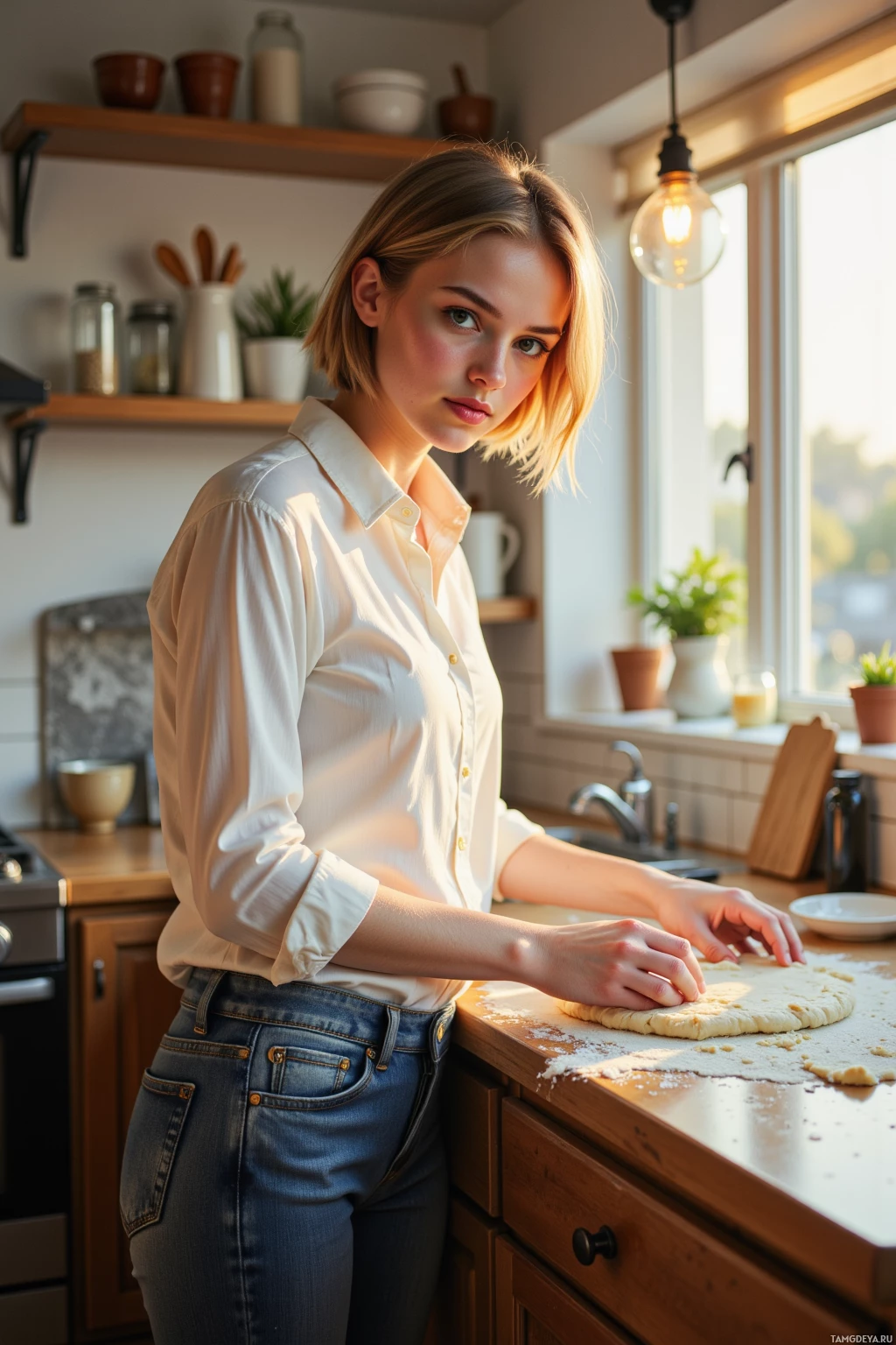 A woman in a white shirt and jeans stands in a kitchen, leaning on a counter with her hands on a dough surface.